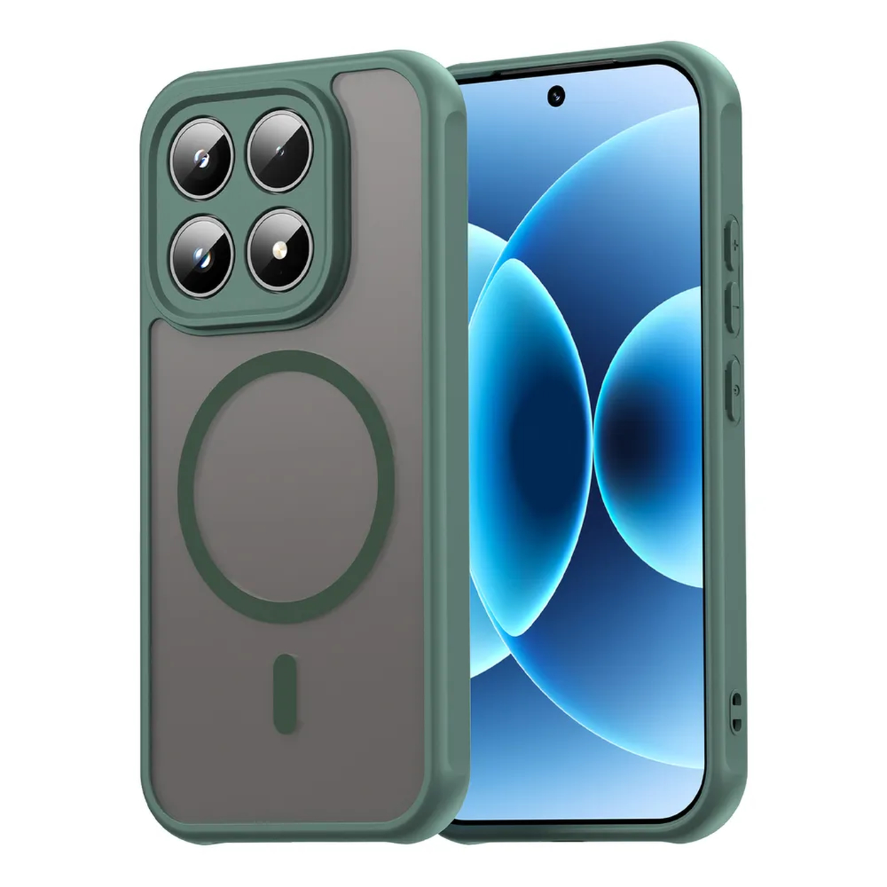 Groene telefoonhoes met vier camera's aan de achterkant en een telefoon met blauw behang.