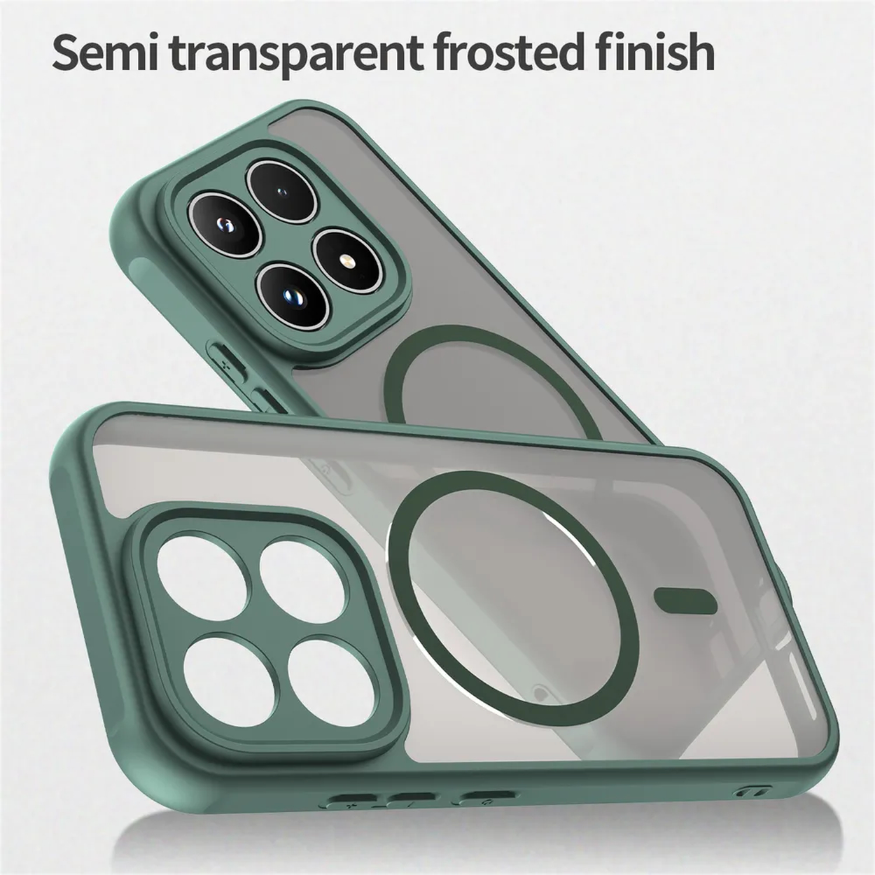 Twee groene semi-transparante telefoonhoesjes met matglanzende afwerking, vanuit verschillende hoeken.