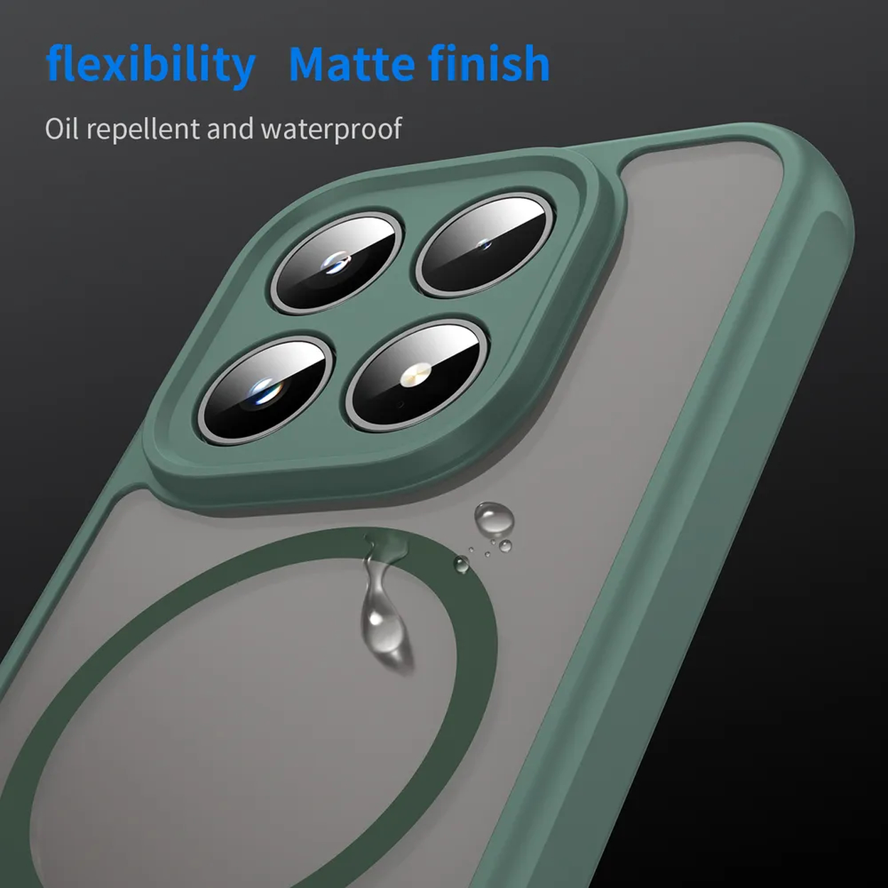 Groene telefoonhoes met vier camera's, waterdruppels en tekst.