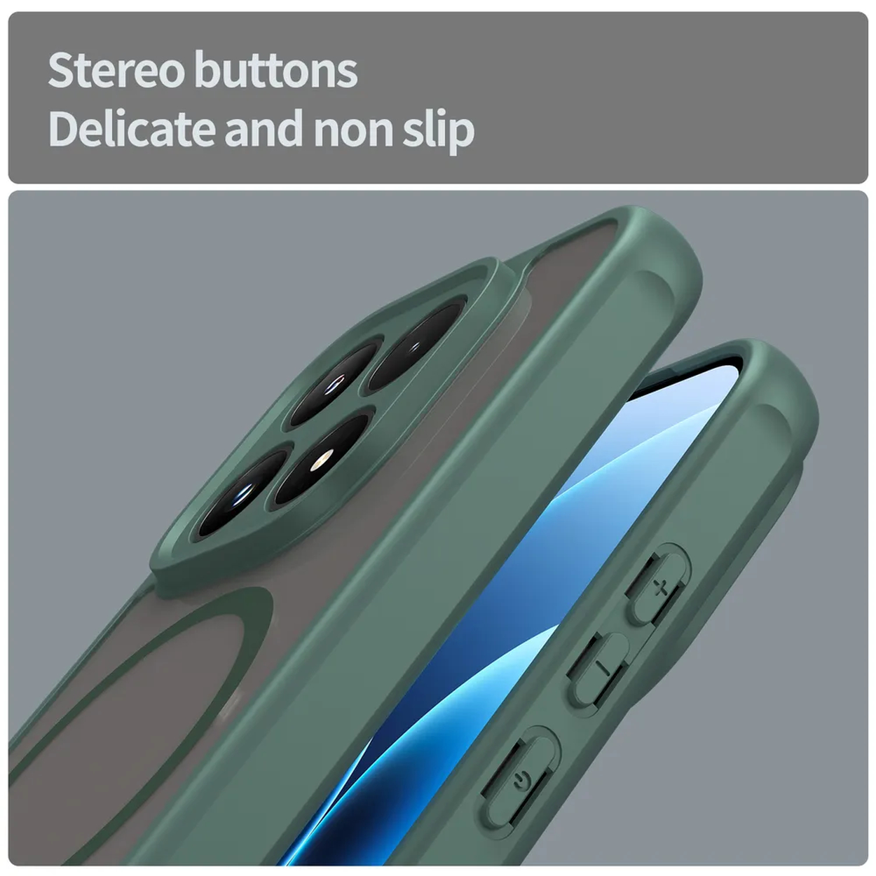 Groene telefoonhoes met stereoknoppen en cameralenzen.