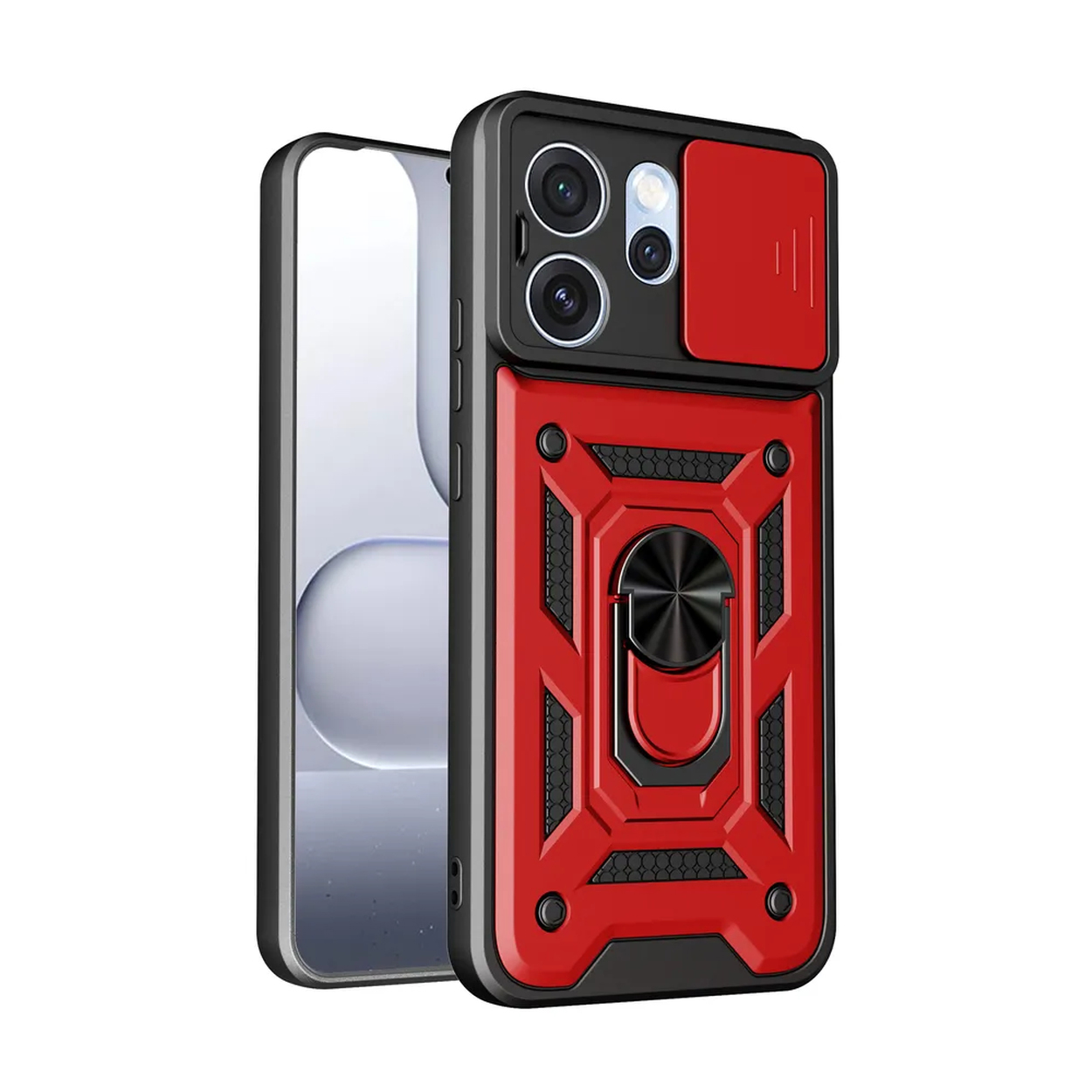 Coque de téléphone rouge avec cache-objectif et anneau.