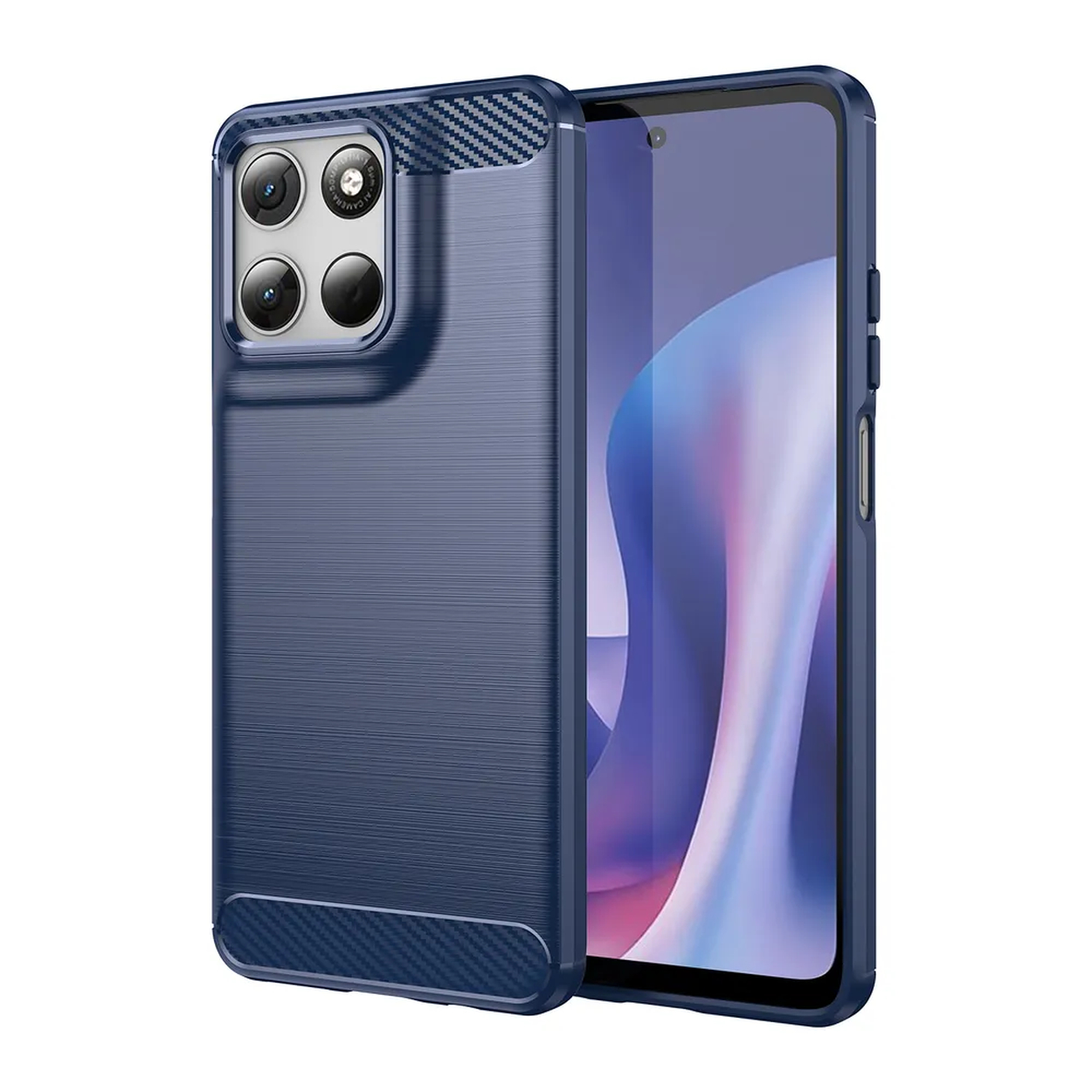 Coque de téléphone bleu foncé texturée brossée avec accents carbone.