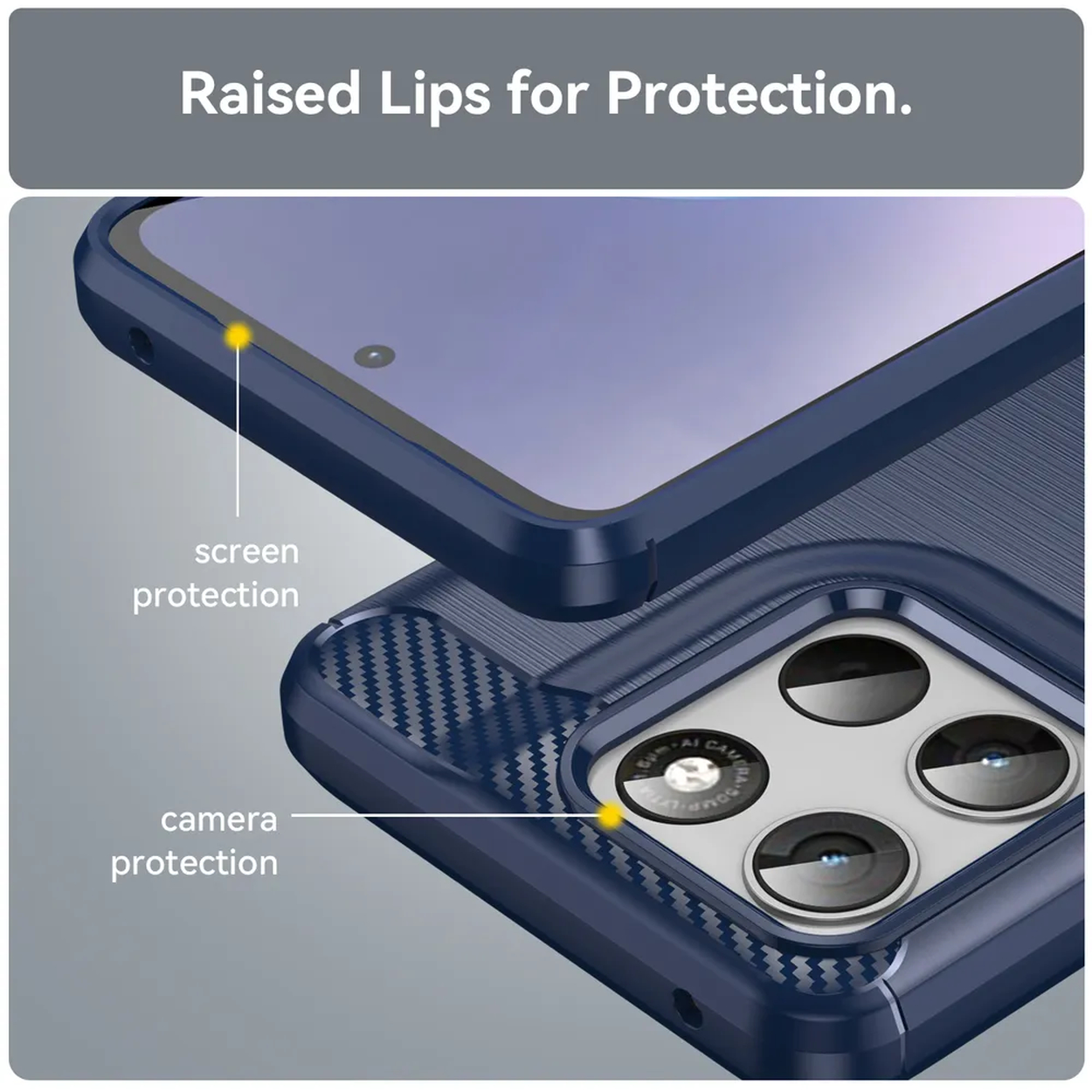 Coque de téléphone bleu foncé avec bords surélevés pour protéger écran et appareil photo.
