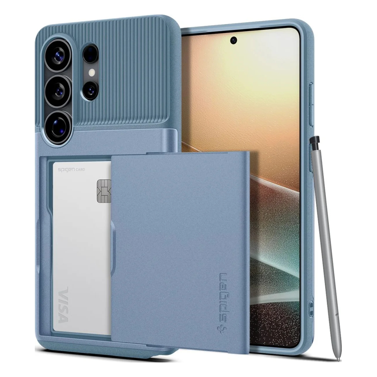 A blue phone case with a card slot and a stylus on a phone.