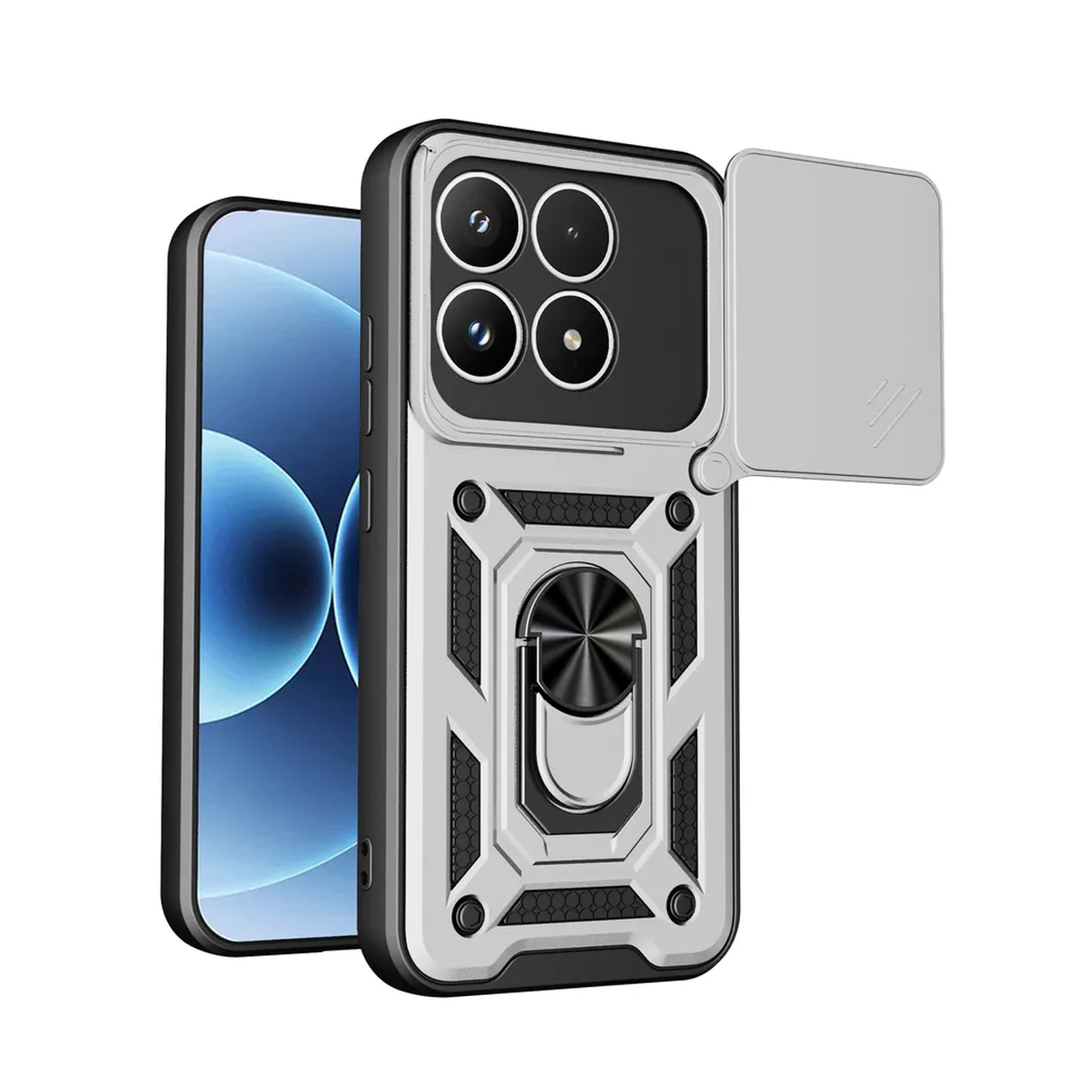 Een zilveren telefoonhoes met vier camera's en een schuiflenskap.