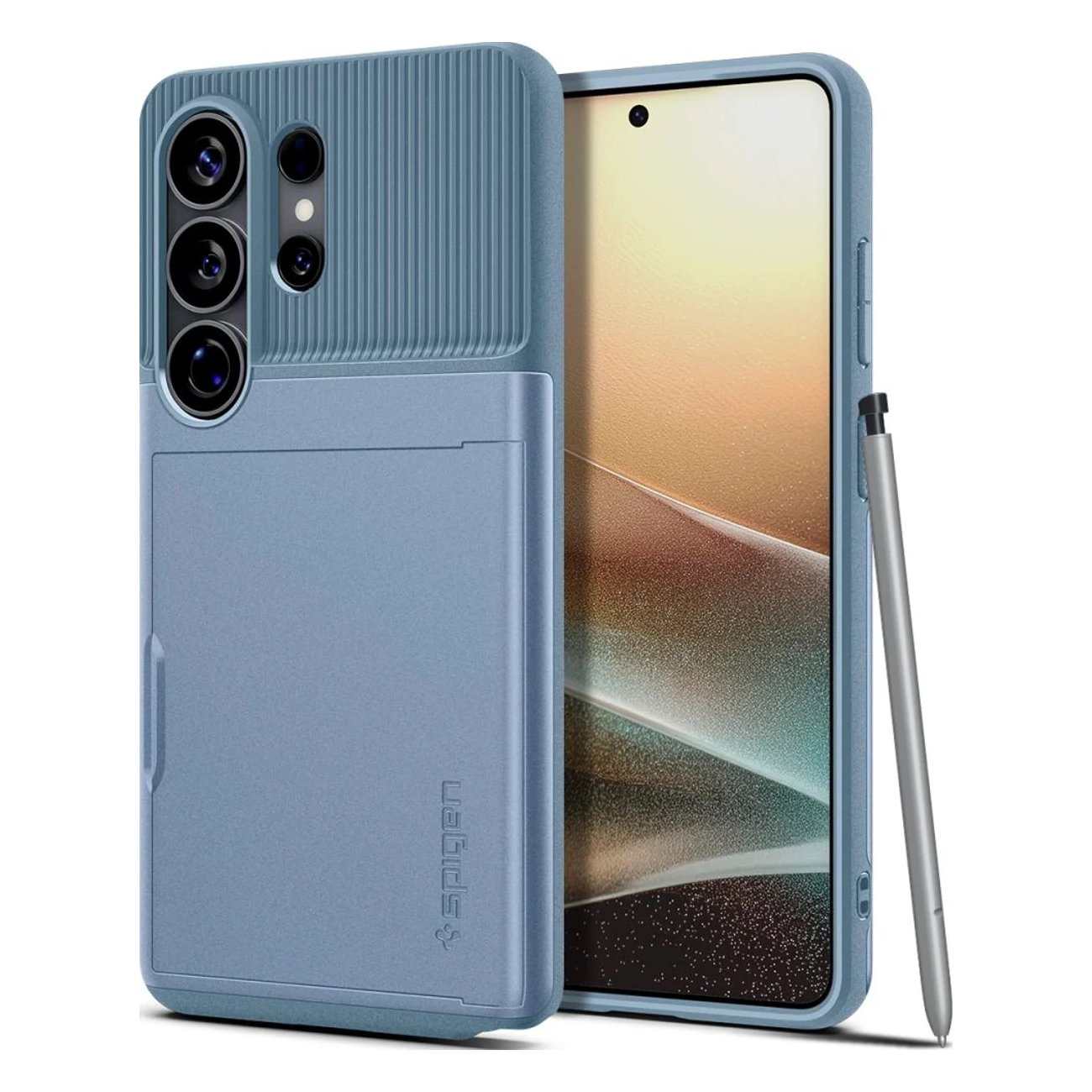 A blue phone case with a card slot and a stylus beside it.