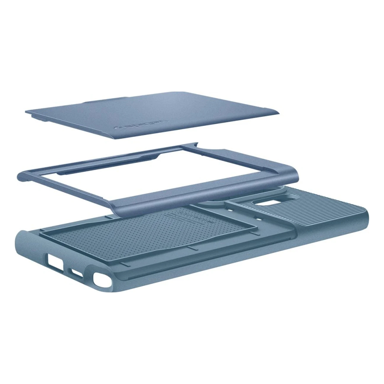 A blue phone case shown in disassembled parts, ready for assembly.