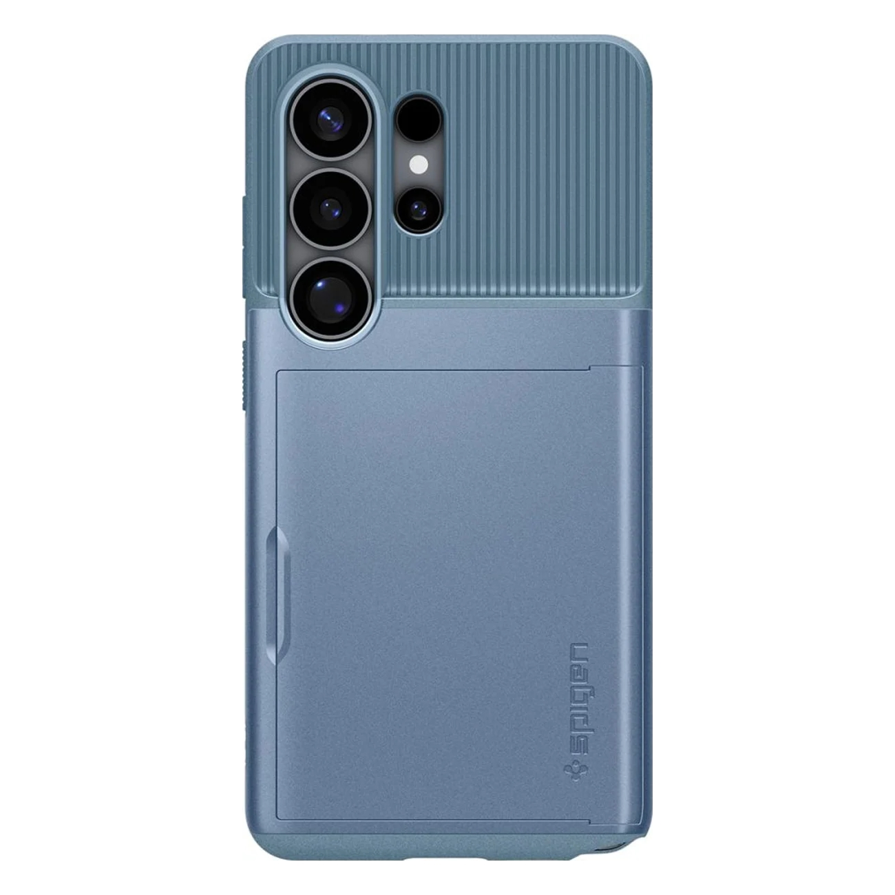 A blue phone case with camera cutout and card slot.