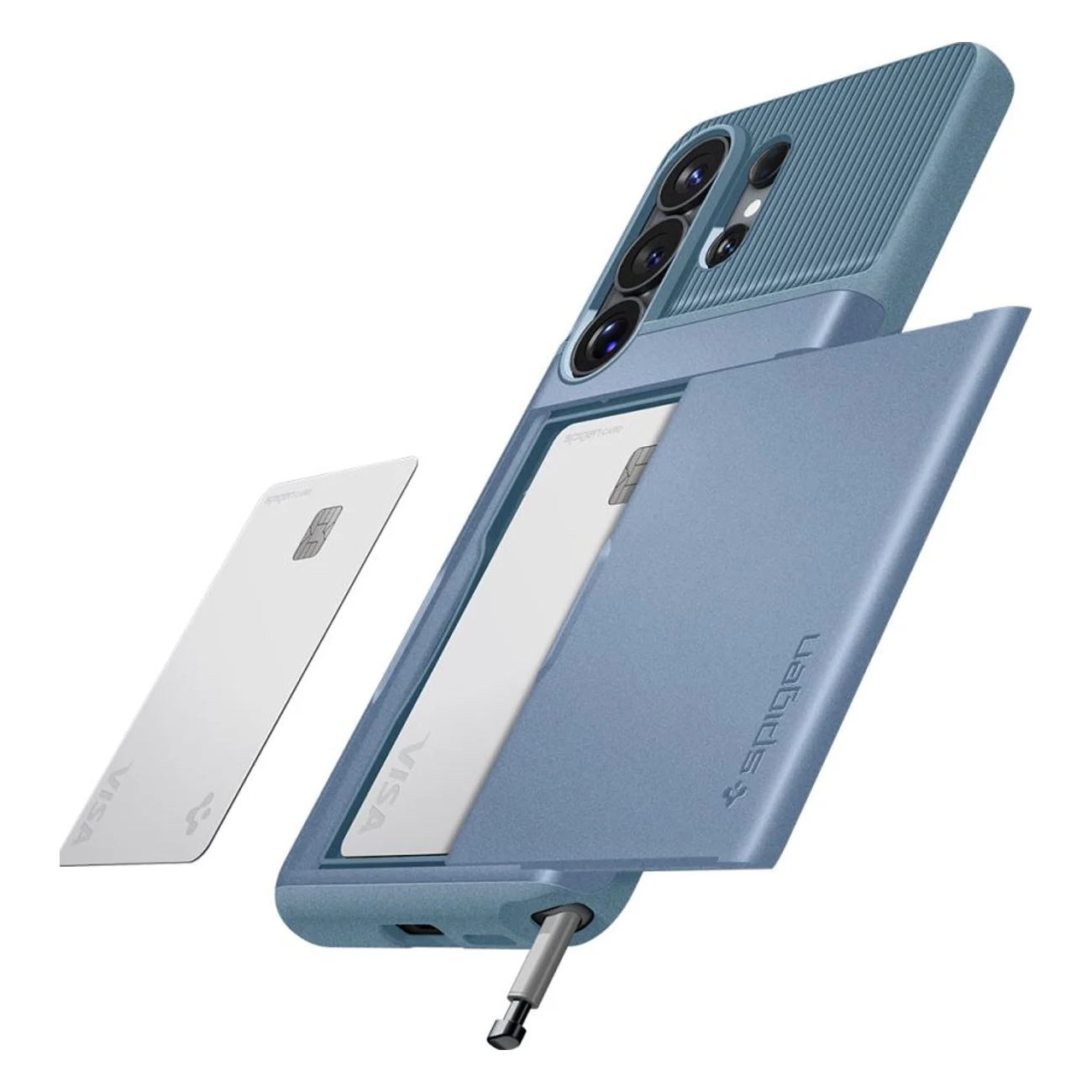 Blue phone case with card slot, two white cards nearby.