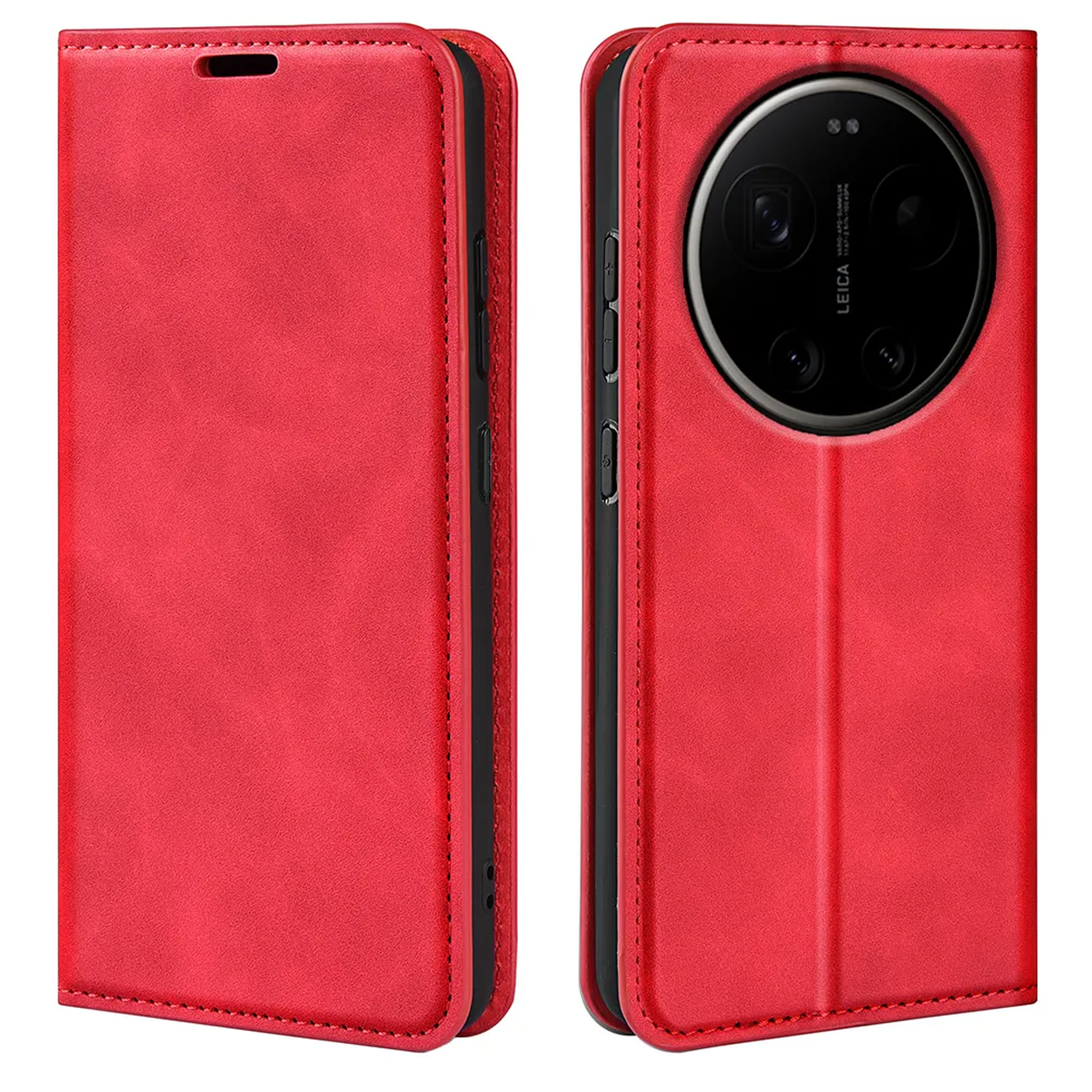 Étui de téléphone rouge ouvert, révélant la caméra et les boutons du smartphone.