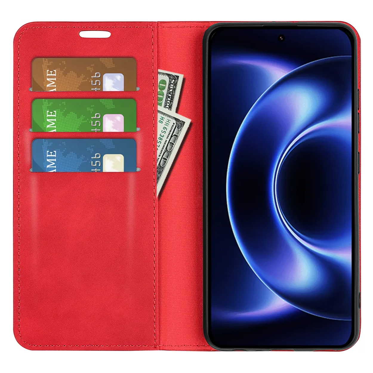 Étui de téléphone rouge avec fentes pour cartes et billets, montrant un smartphone avec fond d'écran bleu.
