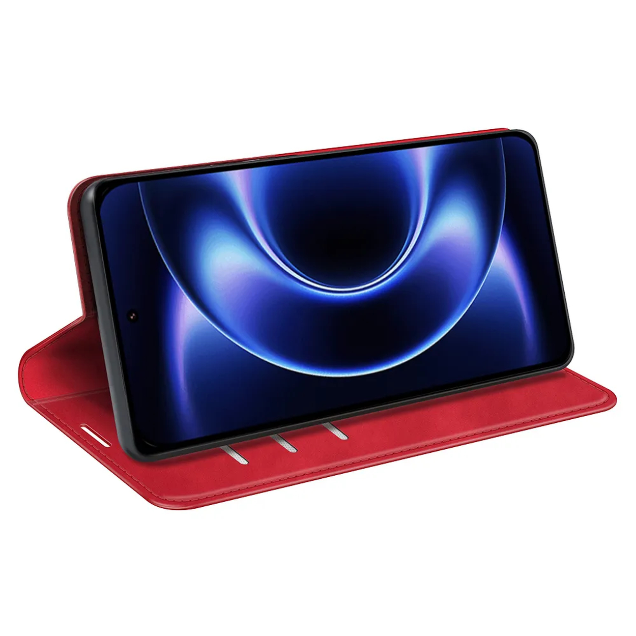 Étui à rabat rouge pour smartphone tenant un téléphone avec fond abstrait bleu.
