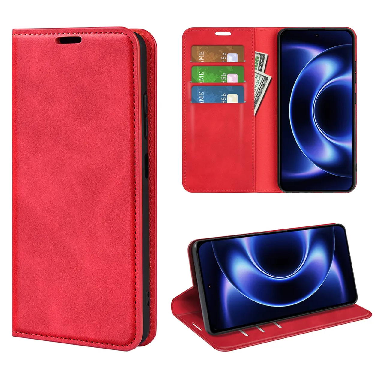 Étui de téléphone en cuir rouge avec fentes pour cartes et smartphone affichant un fond bleu.