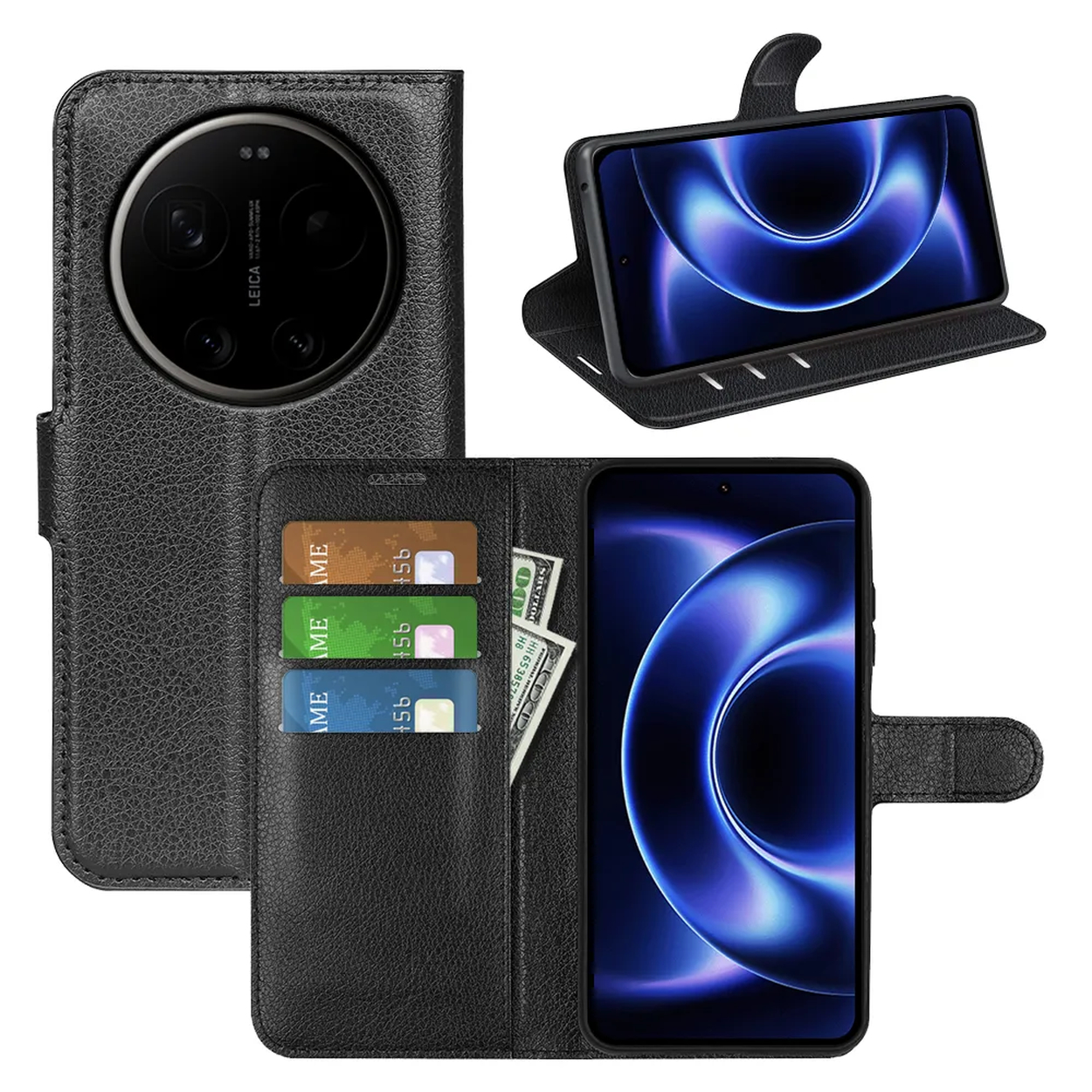 Étui noir pour téléphone avec fentes pour cartes et poche à billets