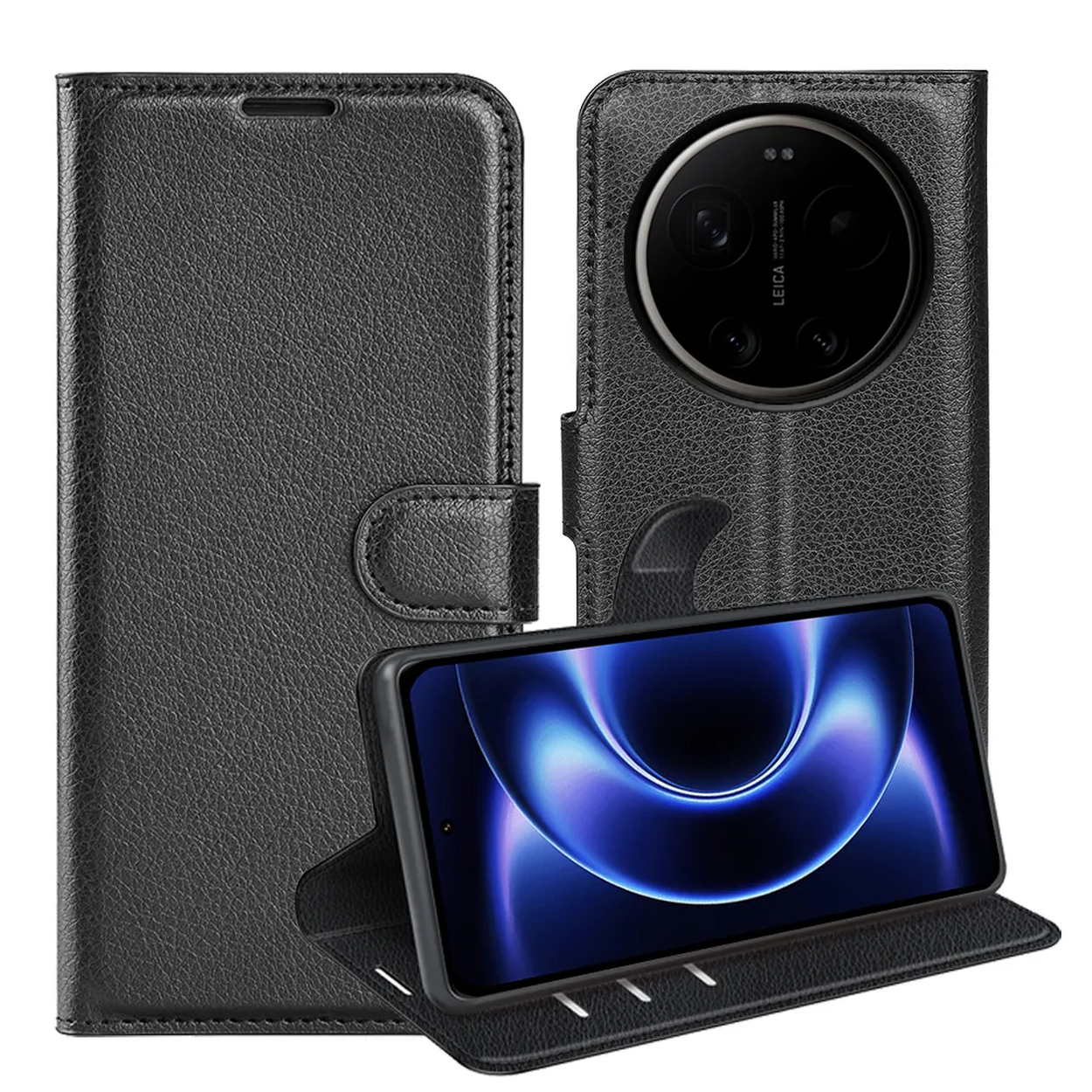 Étui en cuir noir pour téléphone avec triple appareil photo arrière et fond d'écran bleu.