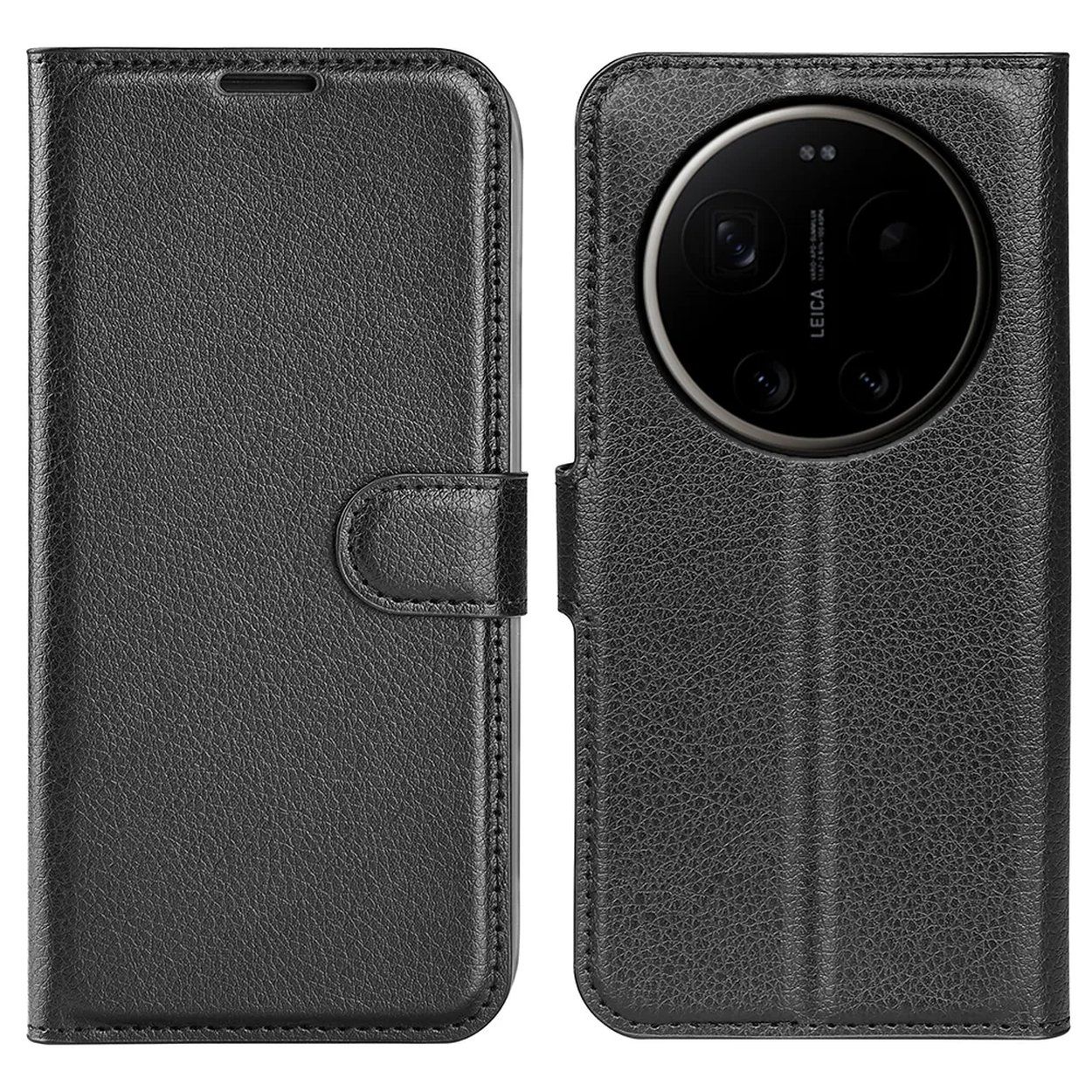 Étui à rabat en cuir noir pour smartphone avec découpe caméra.
