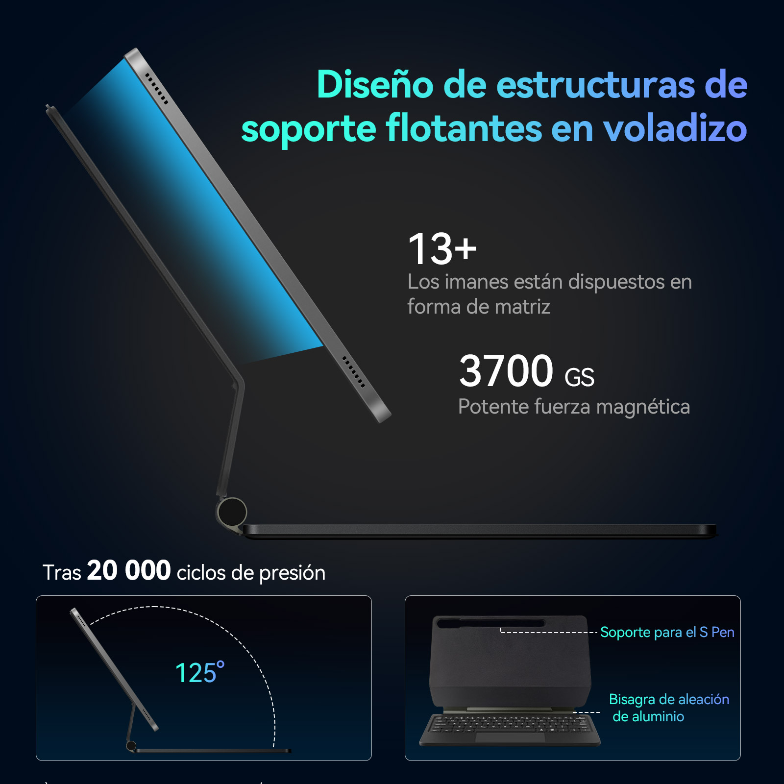 Una tableta con soporte flotante, detalles magnéticos y pantalla de ángulo de 125°.