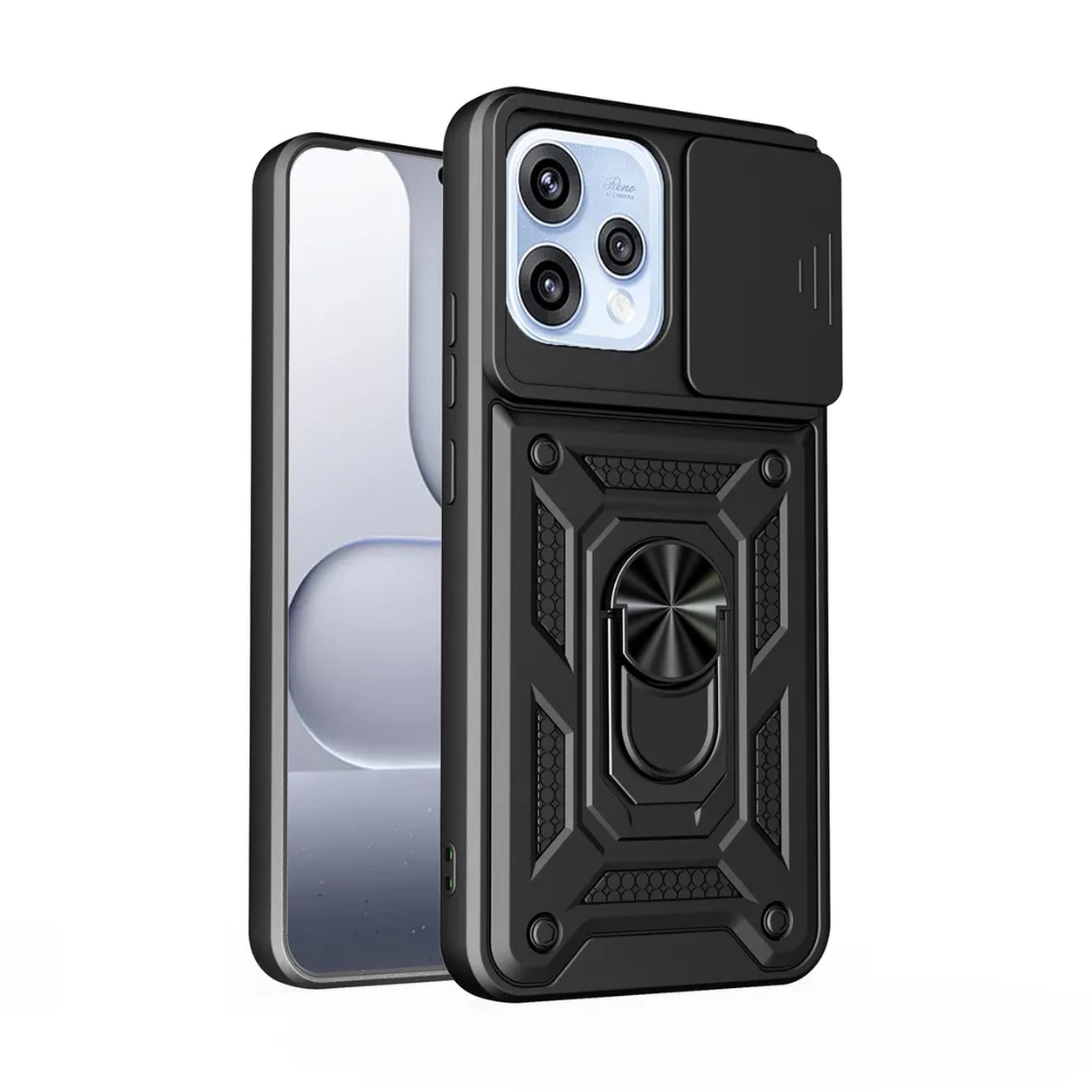 Coque de téléphone noire avec cache coulissant pour appareil photo et support anneau.