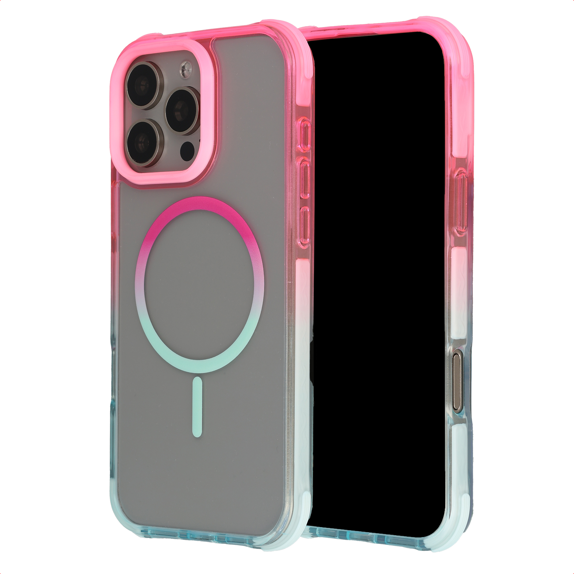 Transparante telefoonhoes met roze en blauwe gradiënt, camera-uitsparing en ring.