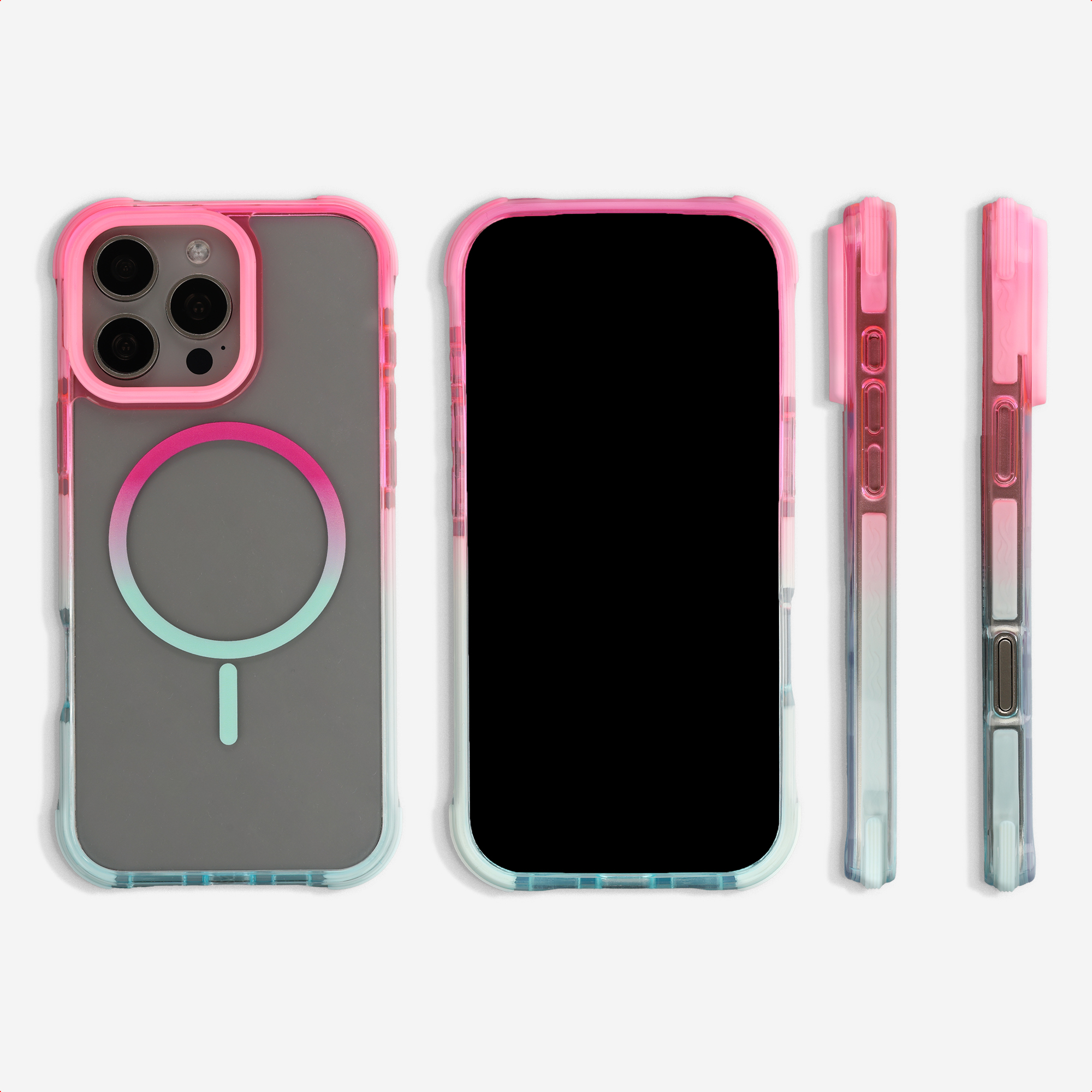 Doorzichtige telefoonhoes met roze-naar-turkoois verloop en camerabescherming.