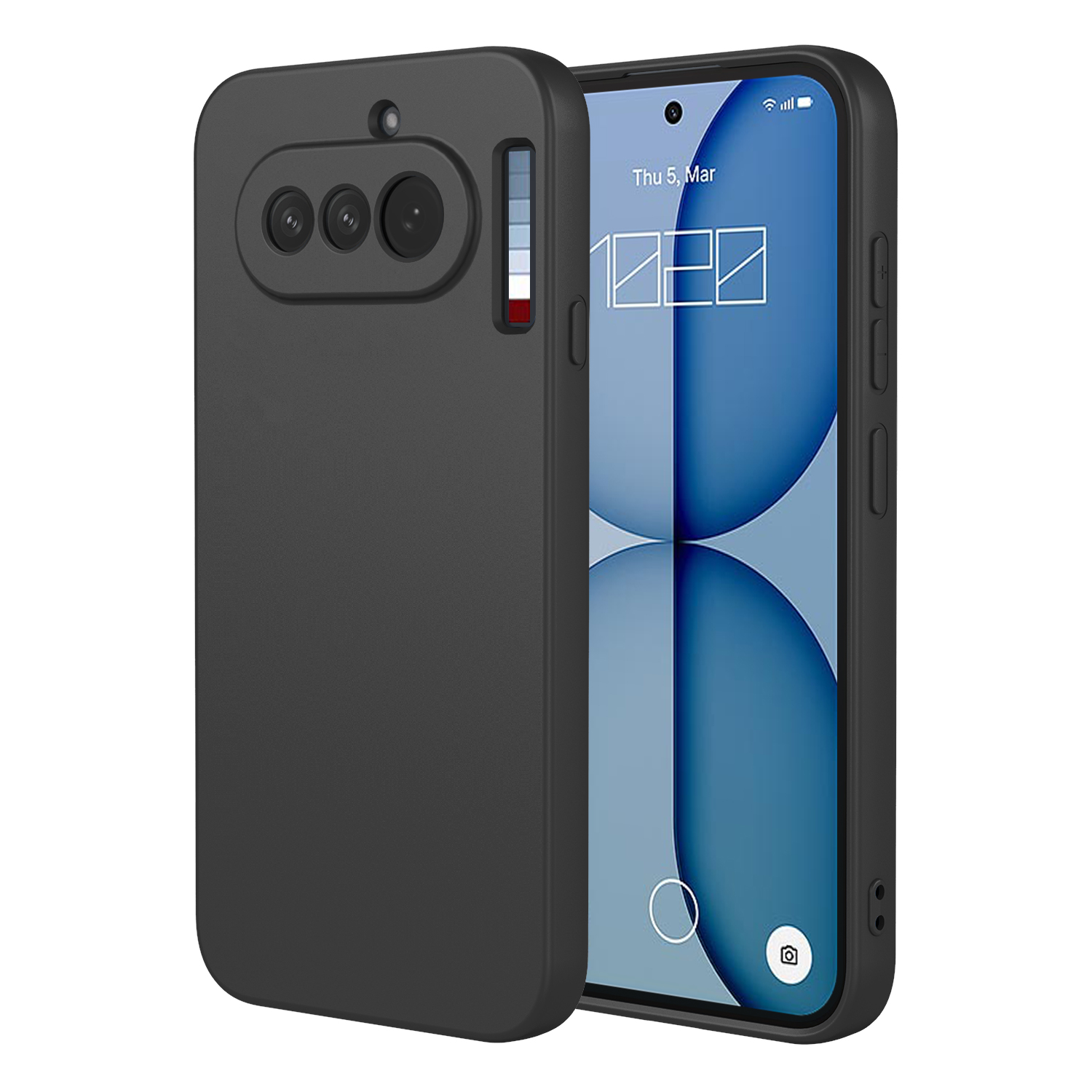 Een zwarte smartphone met beschermhoes, met drie camera's.