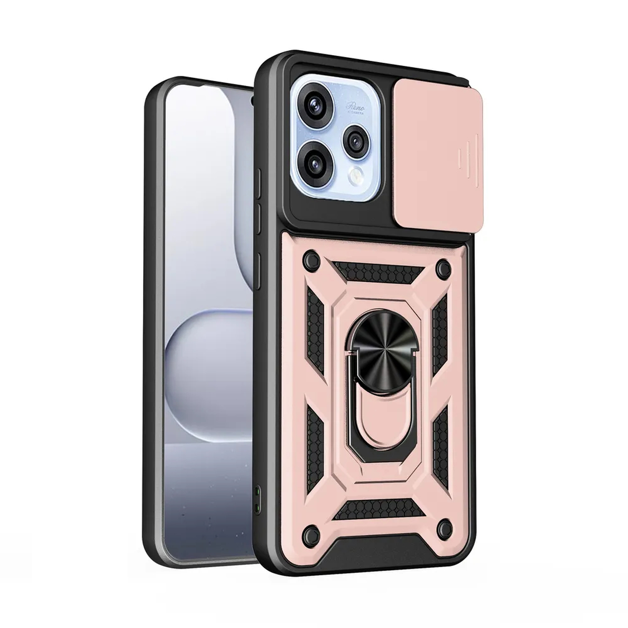 Coque de téléphone rose avec cache-objectif, anneau et design robuste.
