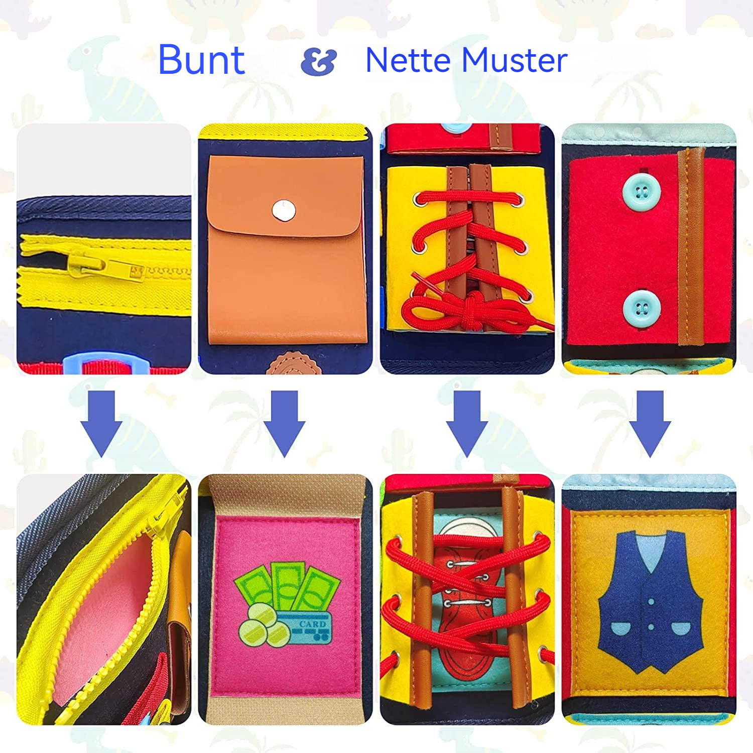 Buntes Lernspielzeug mit Reißverschluss, Knöpfen, Schnürsenkeln und Weste.