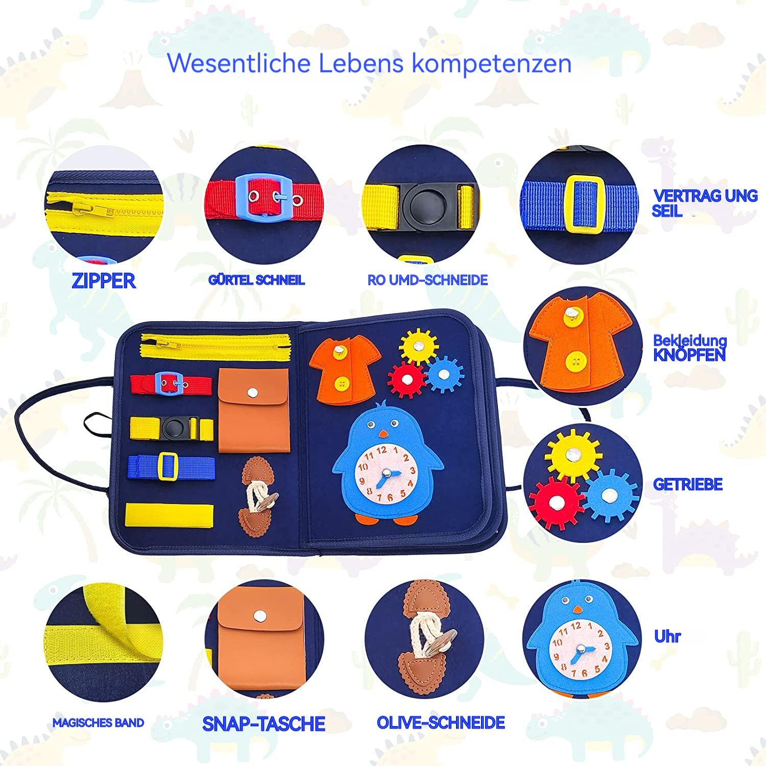 Ein Lernspielzeug mit verschiedenen Schnallen, Knöpfen, einer Uhr und einem Reißverschluss.