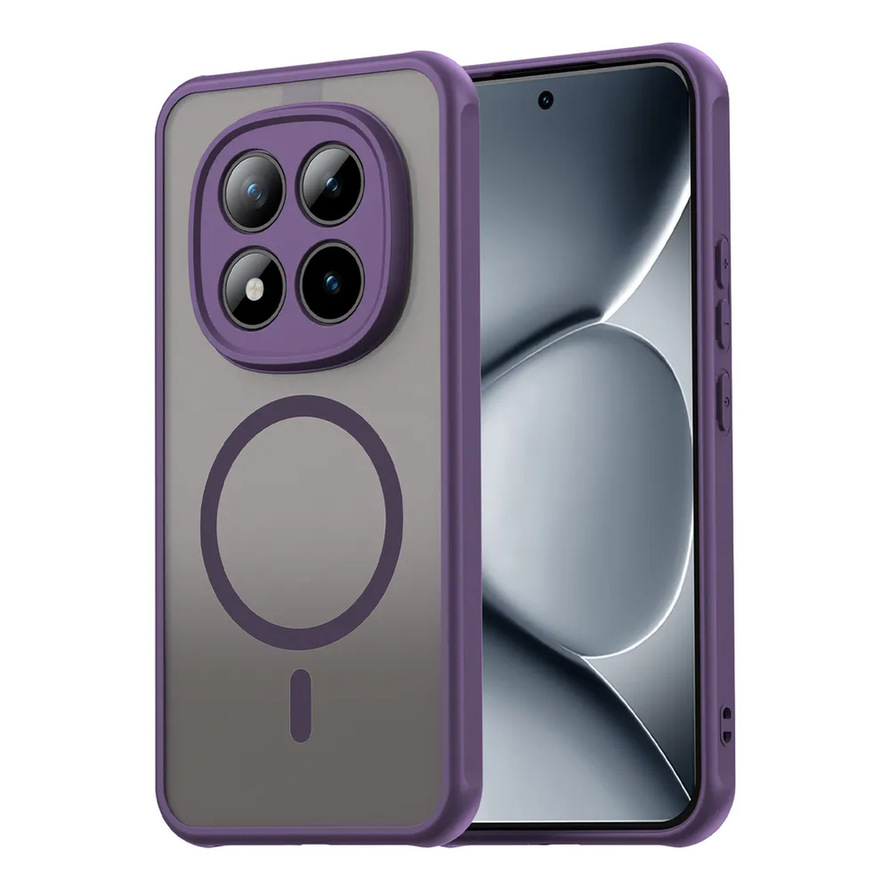 Paarse telefoonhoes met vier cameralenzen en een magnetische ring.