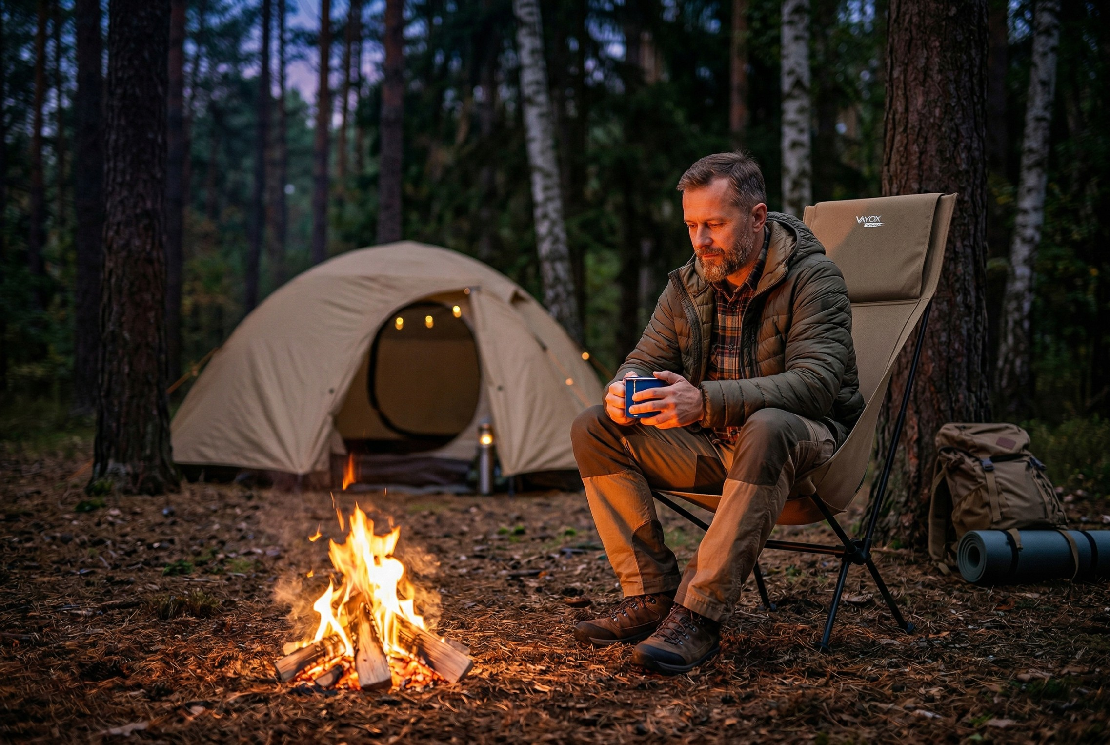 Mężczyzna siedzi przy ognisku w lesie obok namiotu, trzyma kubek.