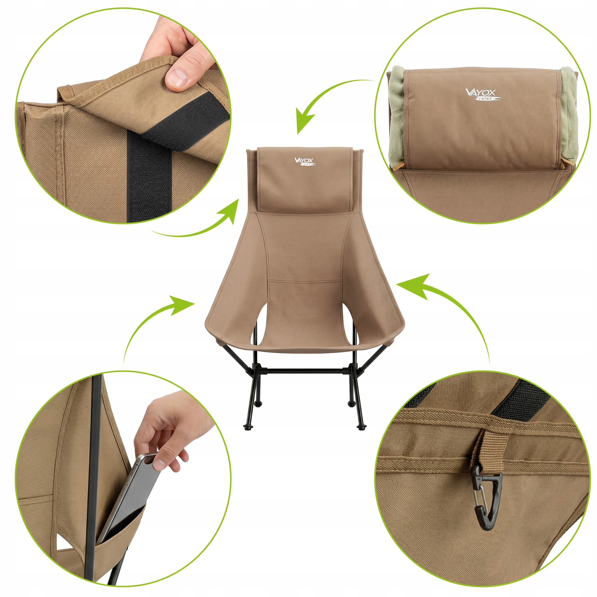 Składane brązowe krzesło z widokami detali: rzep, poduszka, kieszeń, haczyk.