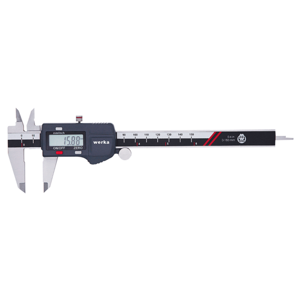 Metal çeneli dijital kumpas, LCD ekran 15,88 mm gösteriyor.