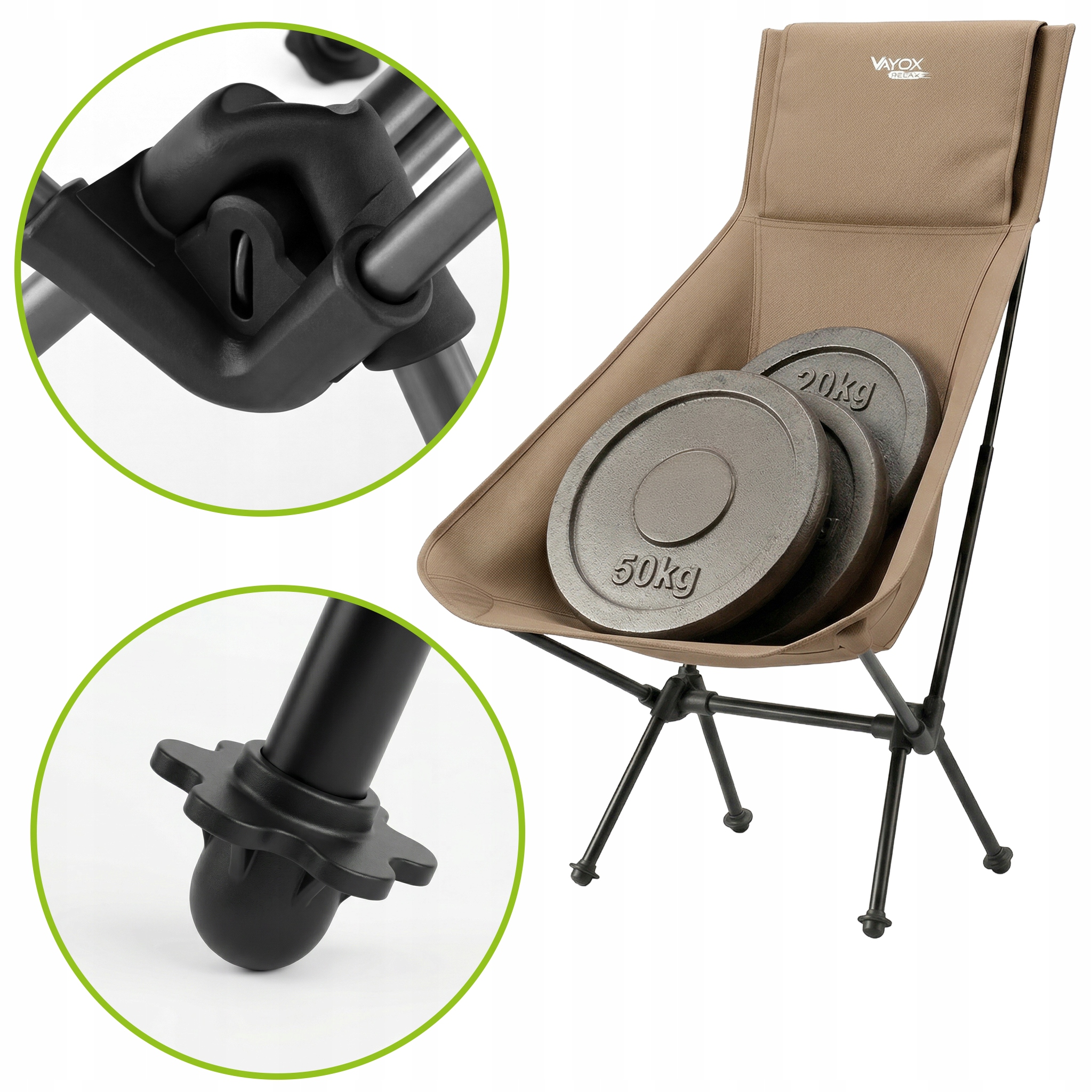 Brązowe krzesło kempingowe z obciążeniami w środku. Detale pokazują złącza i stopy.