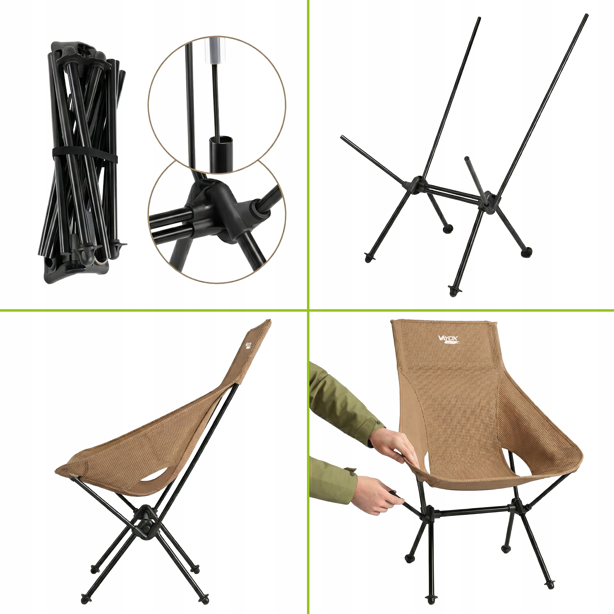 Kompaktowe, brązowe krzesło turystyczne z czarną metalową ramą, pokazane złożone i rozłożone.