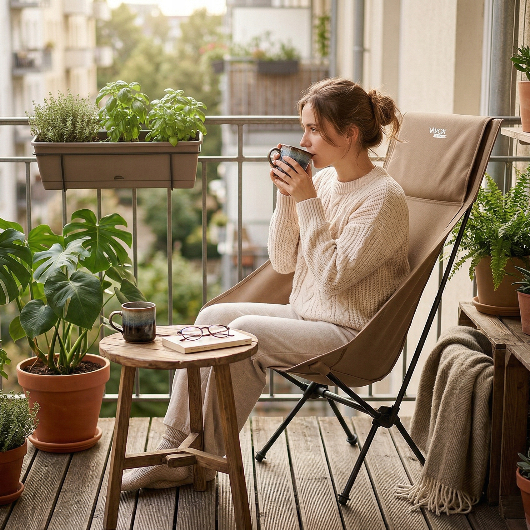 Kobieta pije z kubka na balkonie, siedząc na krześle obok roślin.