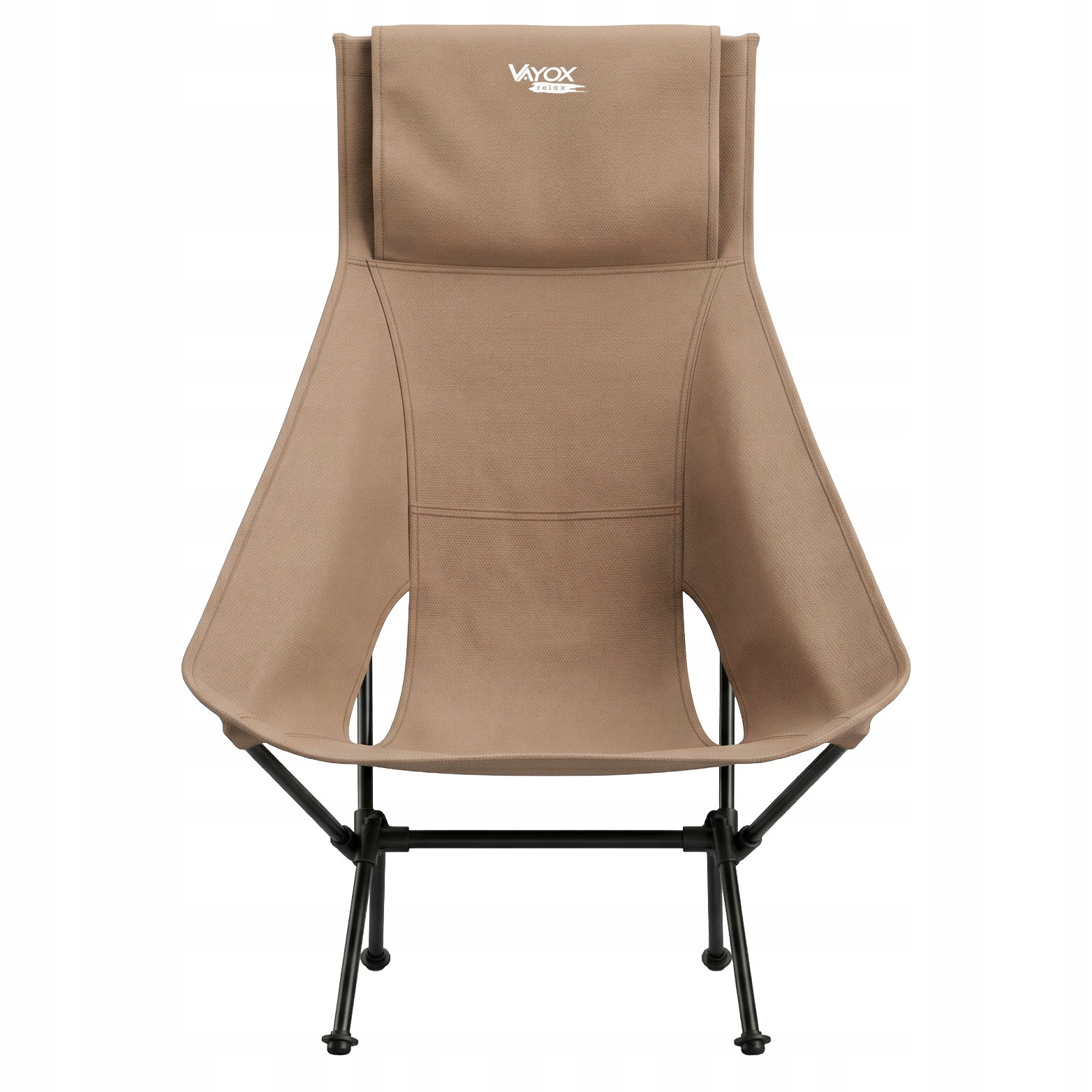Beżowe krzesło kempingowe z czarną metalową ramą i zagłówkiem.