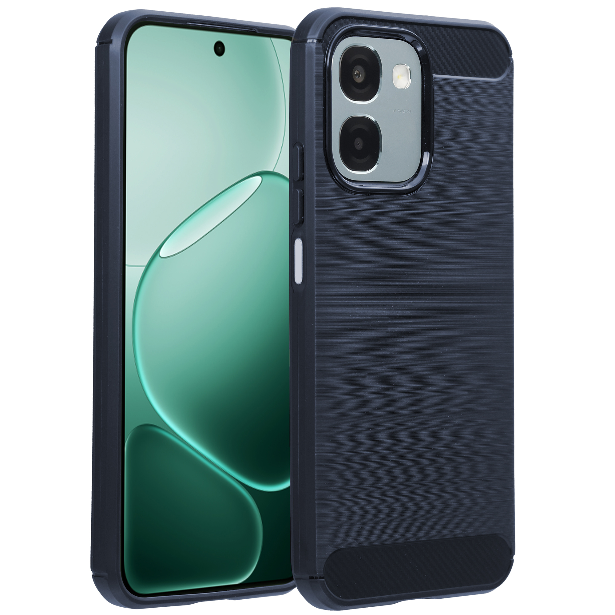 Un téléphone sombre avec module caméra et fond vert.