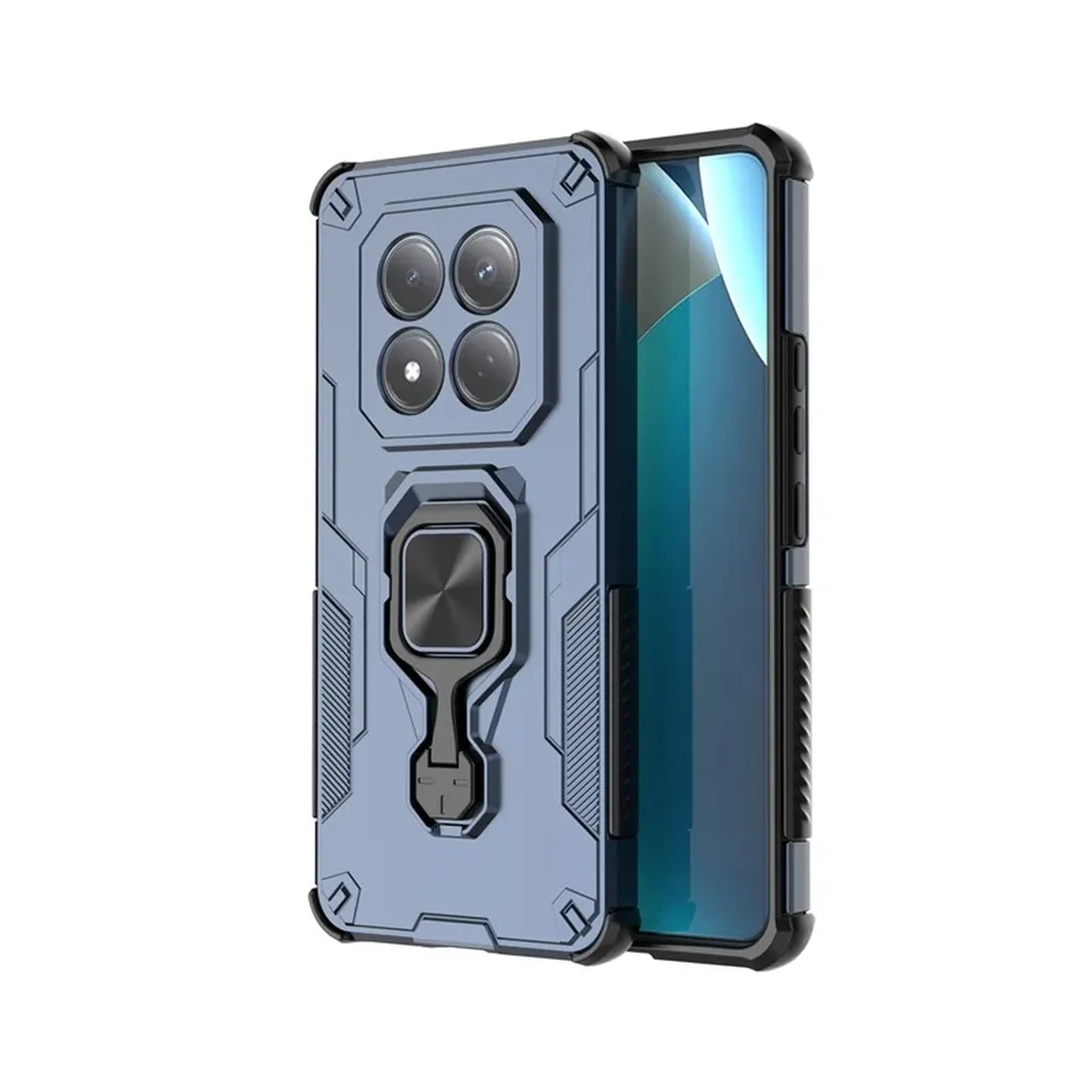 Une coque de téléphone bleue avec quatre caméras et un support anneau.