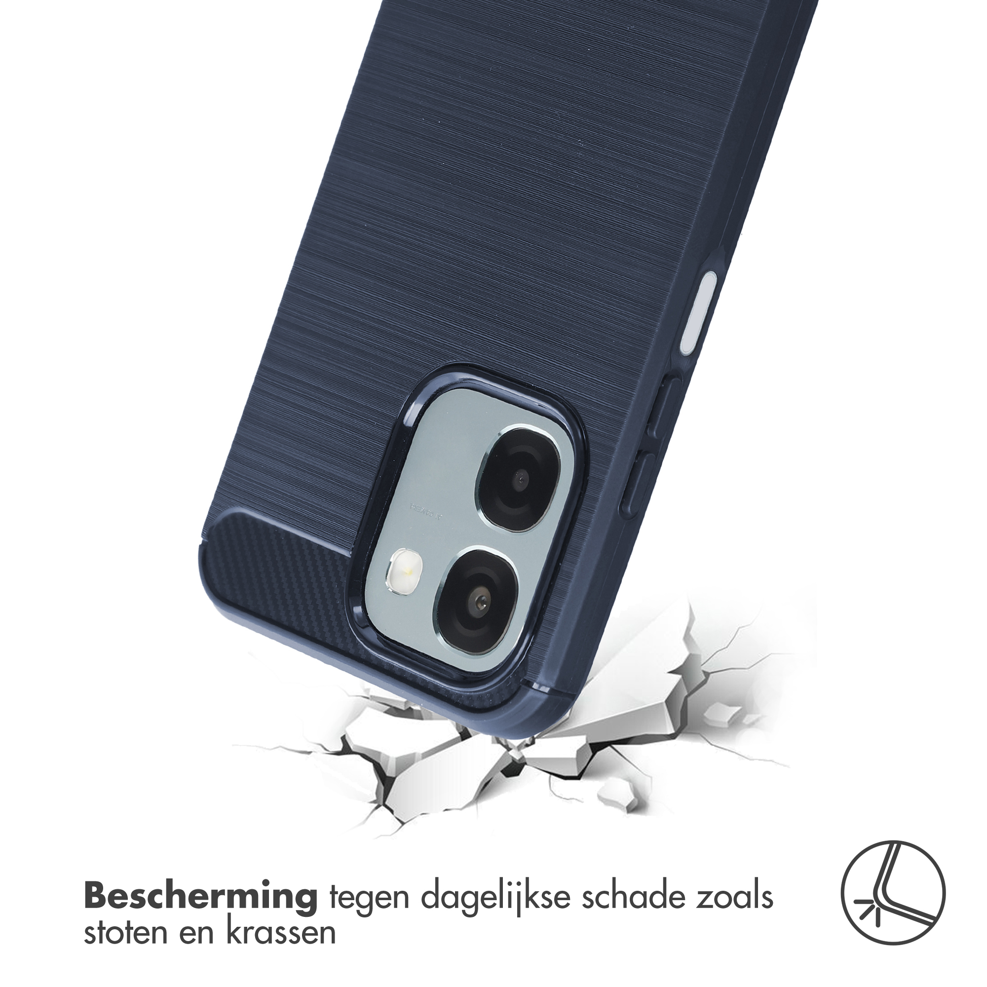 Coque de téléphone bleu foncé tombant sur un sol fissuré.