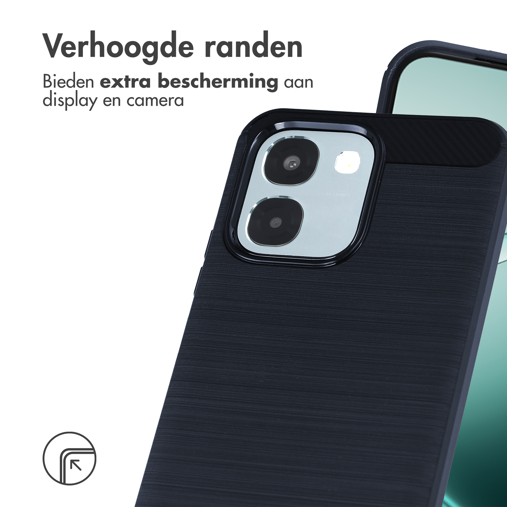 Coque de téléphone noire à bords surélevés pour protéger écran et appareil.