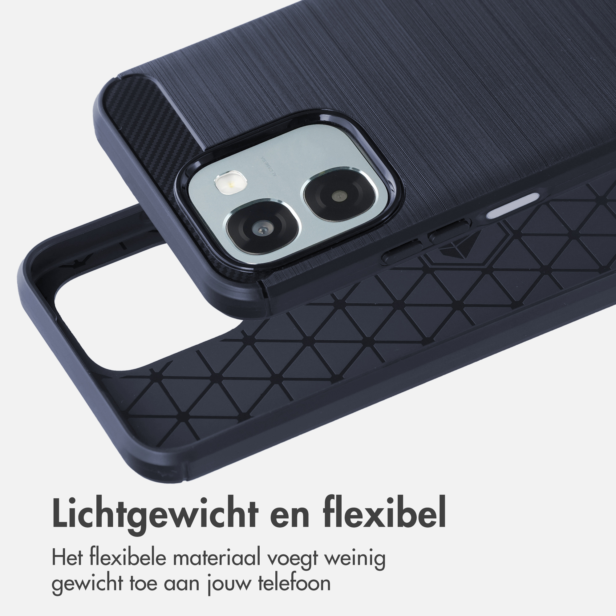 Coque de téléphone noire avec motif texturé et découpe pour appareil photo.