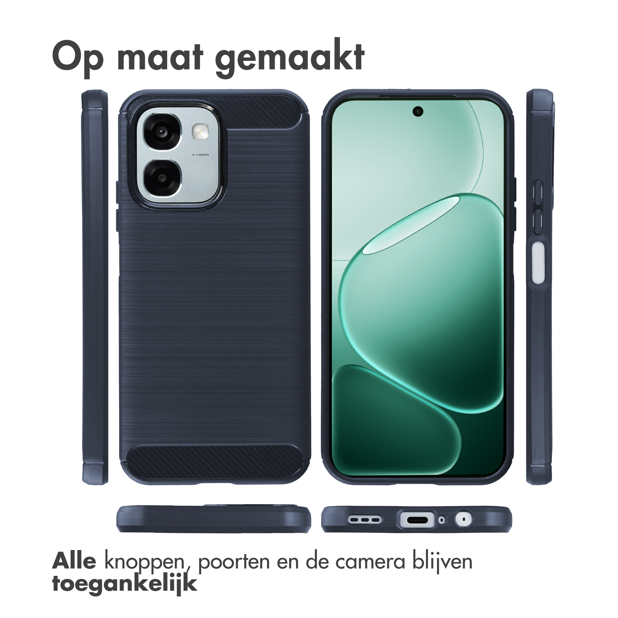 Trois vues d'une coque de téléphone sombre sur fond blanc.