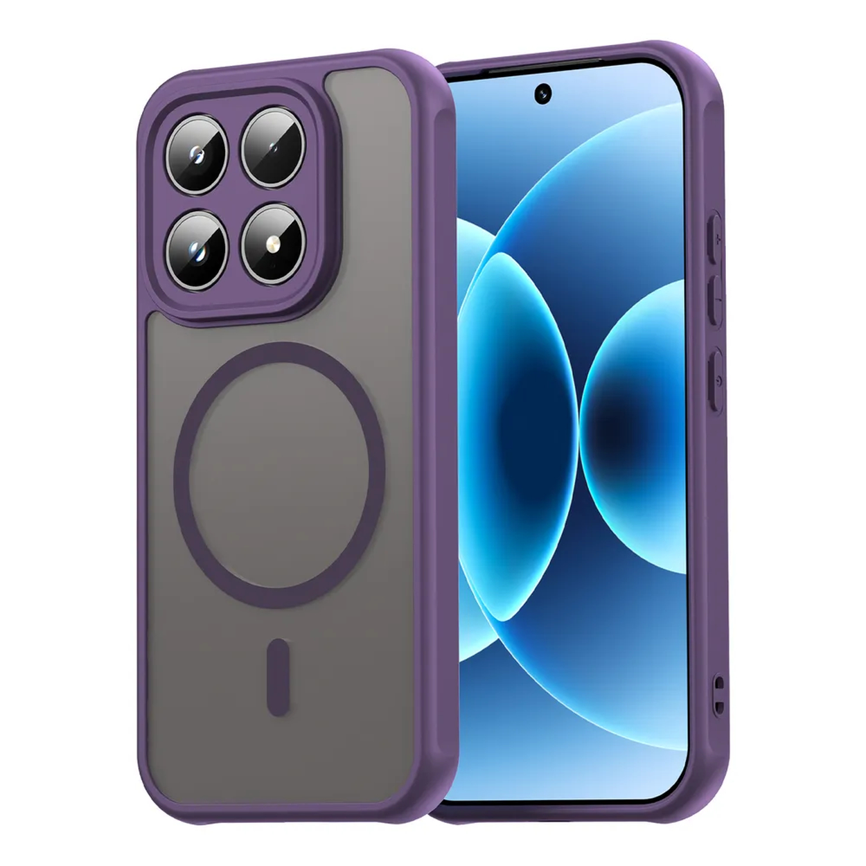 Coque violette avec quatre appareils photo et un cercle magnétique au dos.