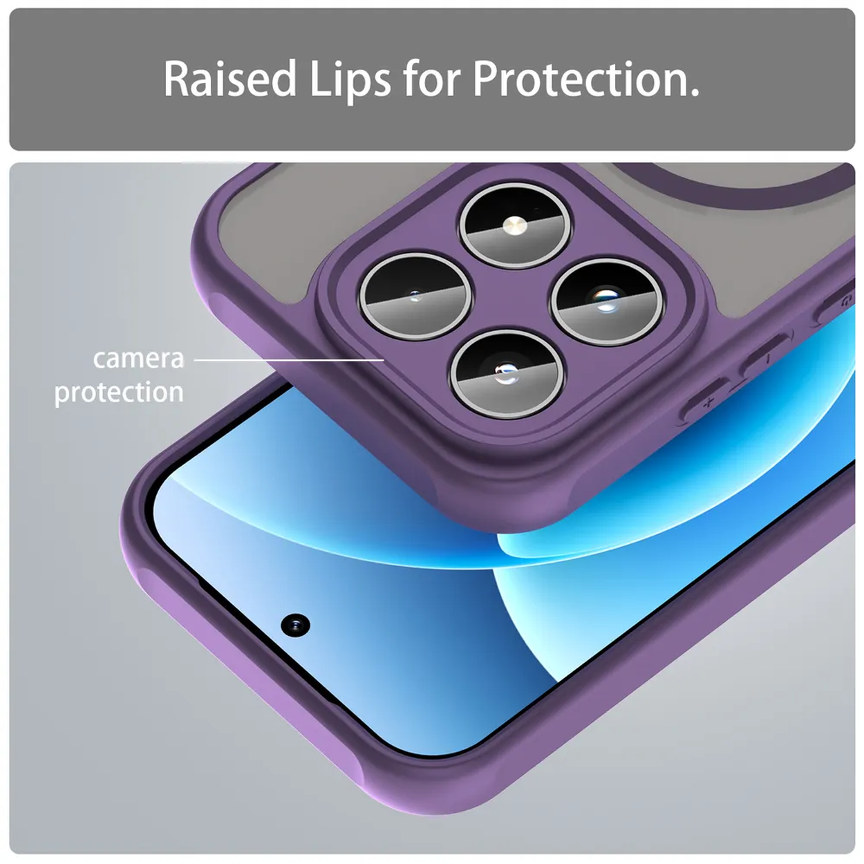 Étui de téléphone violet avec quatre objectifs de caméra et bords surélevés.