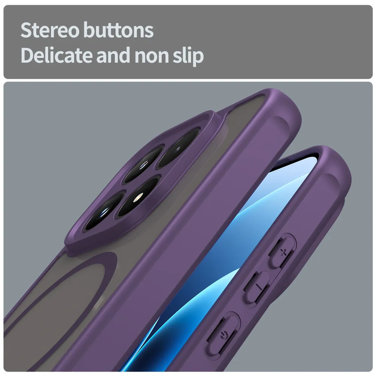 Coque de téléphone violette avec objectifs de caméra et boutons de volume. Vue claire.