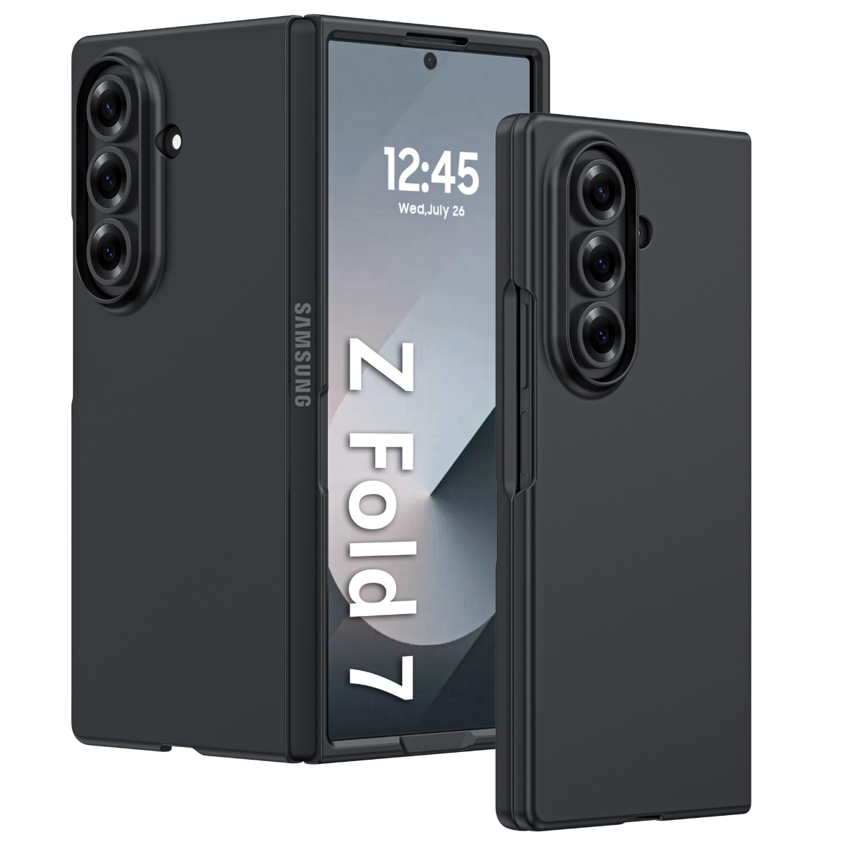 Due custodie nere Samsung Z Fold 7 con fotocamere su sfondo bianco.