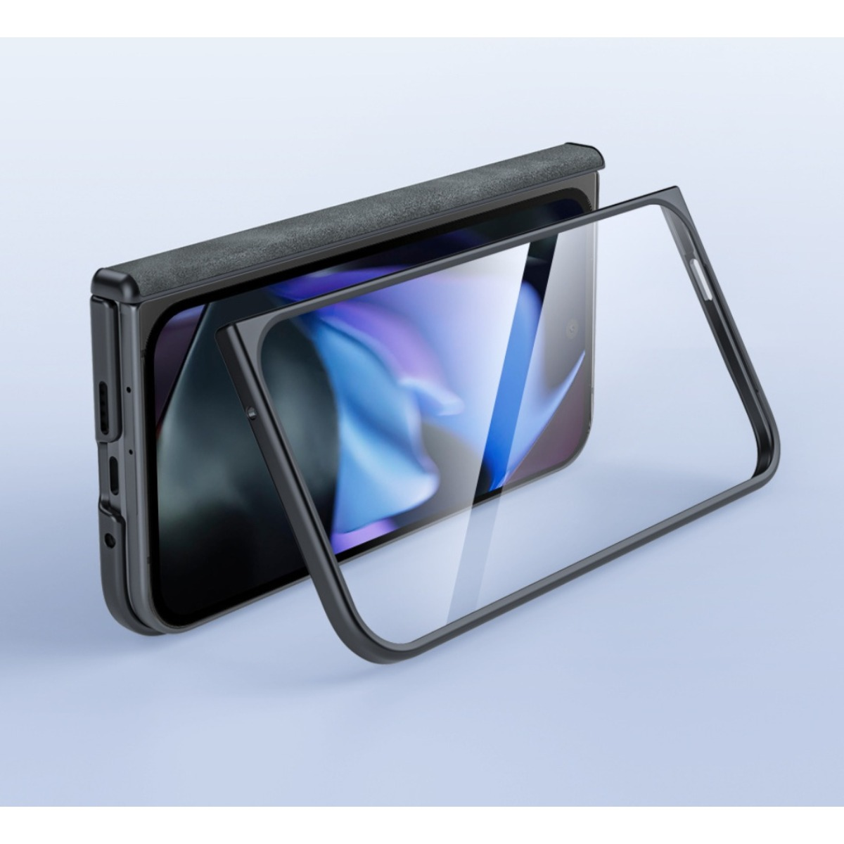 Uno smartphone nero con una cornice protettiva trasparente leggermente staccata dal dispositivo.