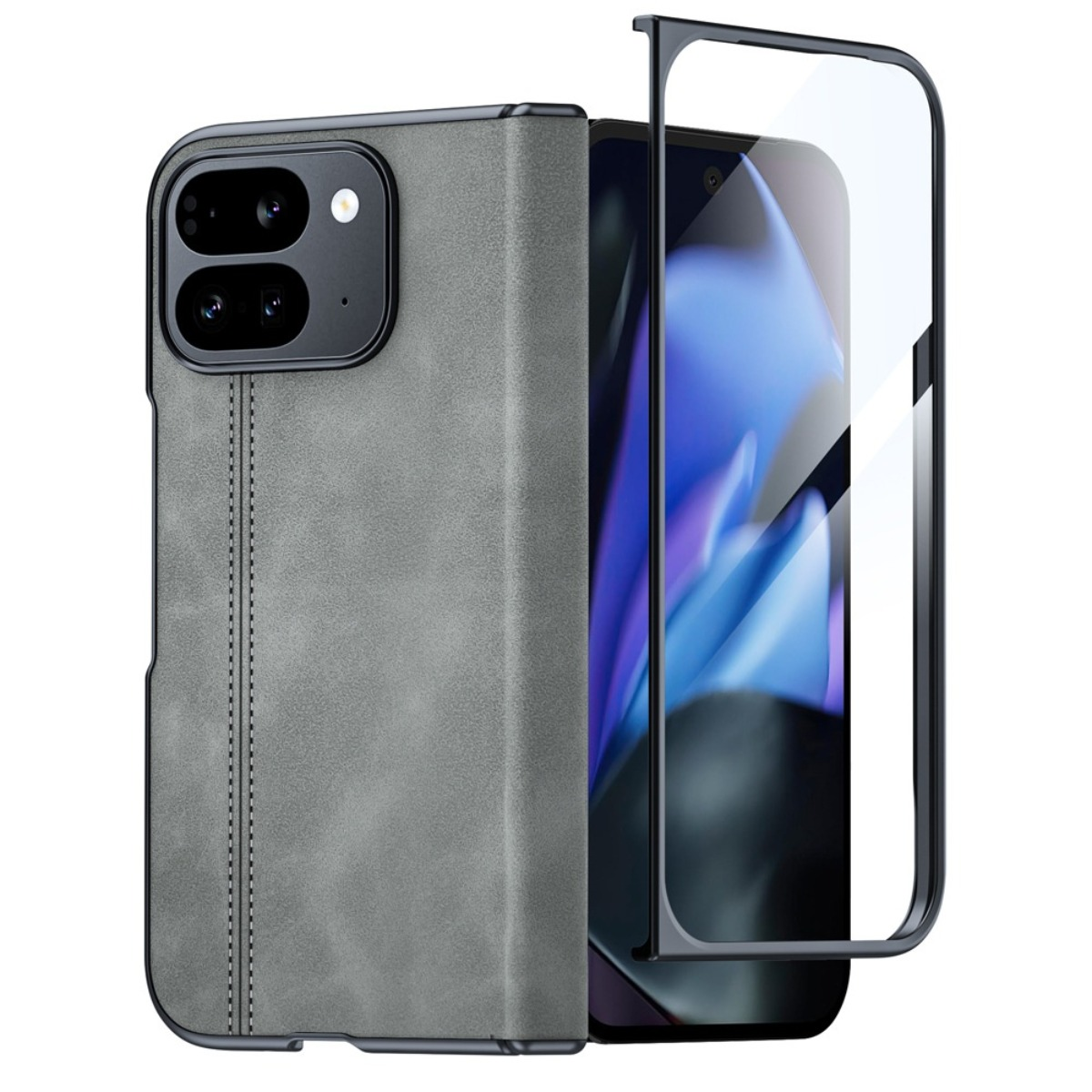 Custodia in pelle grigia per telefono con ritaglio fotocamera e protettore schermo.