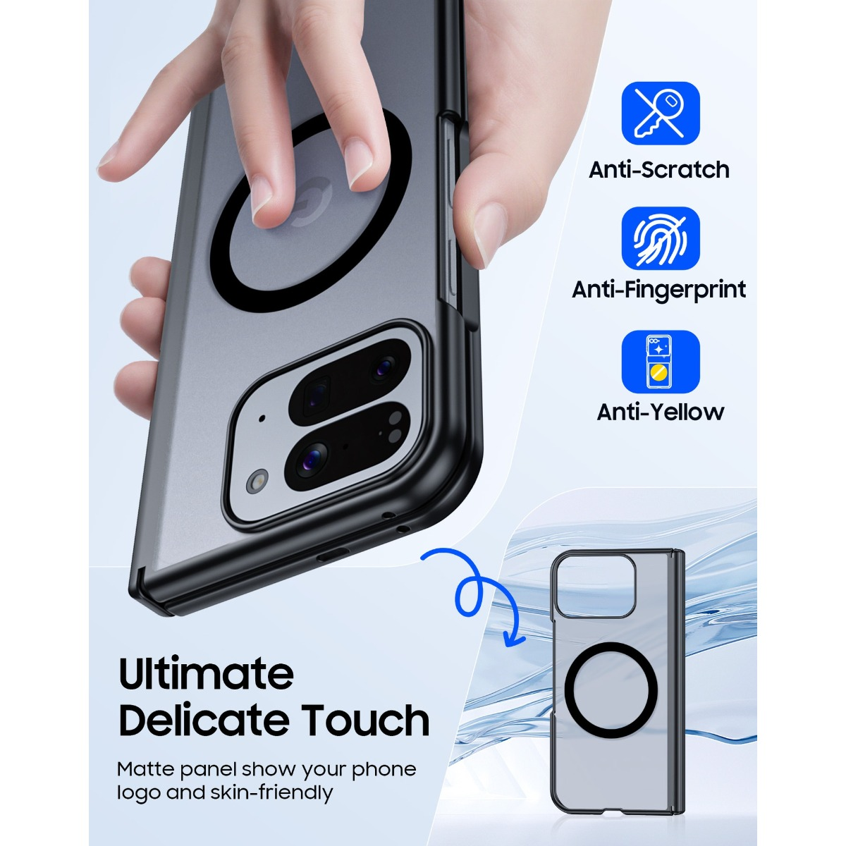 Una mano tiene una custodia per telefono con anello magnetico. Caratteristiche: antigraffio, anti-impronta, anti-ingiallimento.