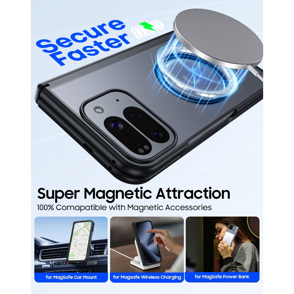 Uno smartphone con caricabatterie MagSafe in carica. Sotto tre casi d'uso.